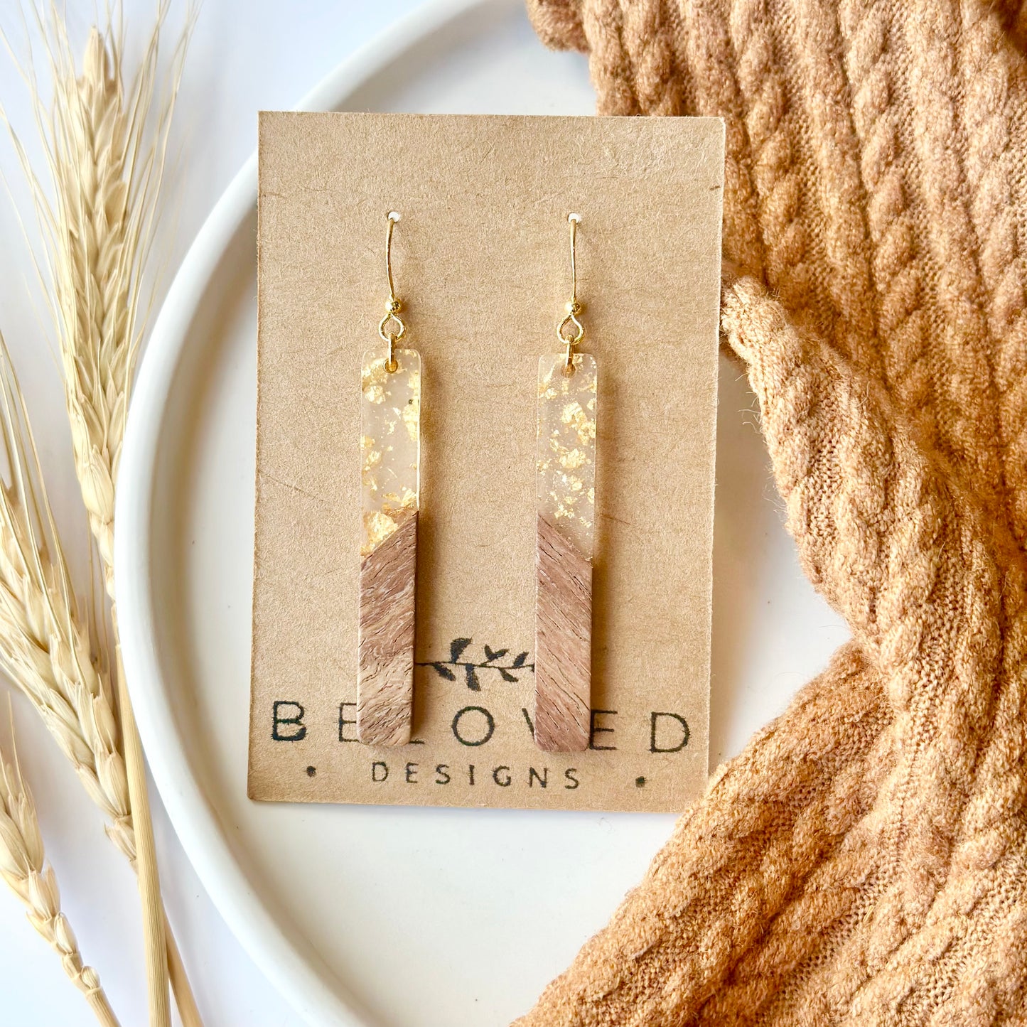 Gold Fleck Resin + Wood Bar Earrings