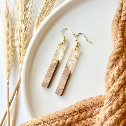 Gold Fleck Resin + Wood Bar Earrings