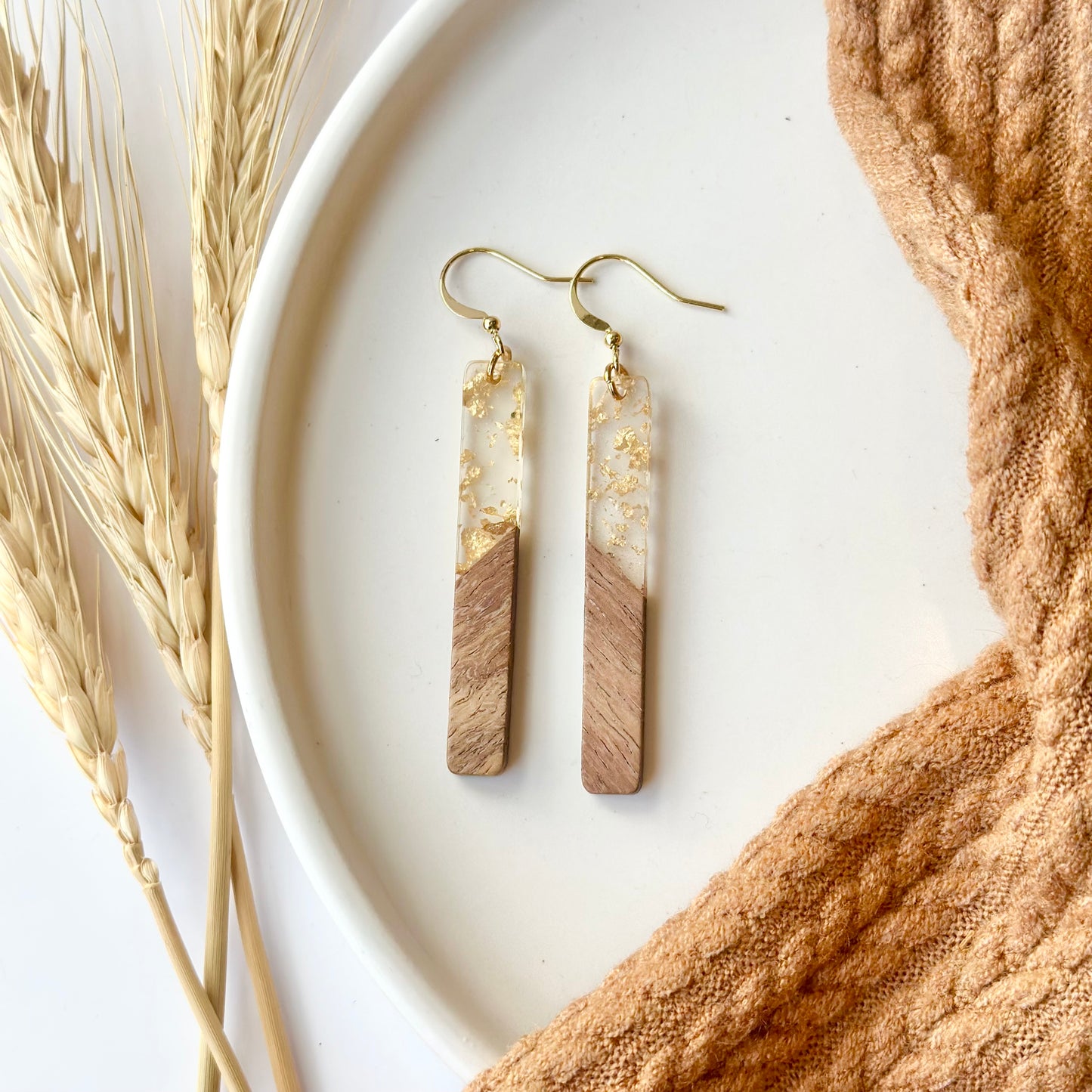 Gold Fleck Resin + Wood Bar Earrings