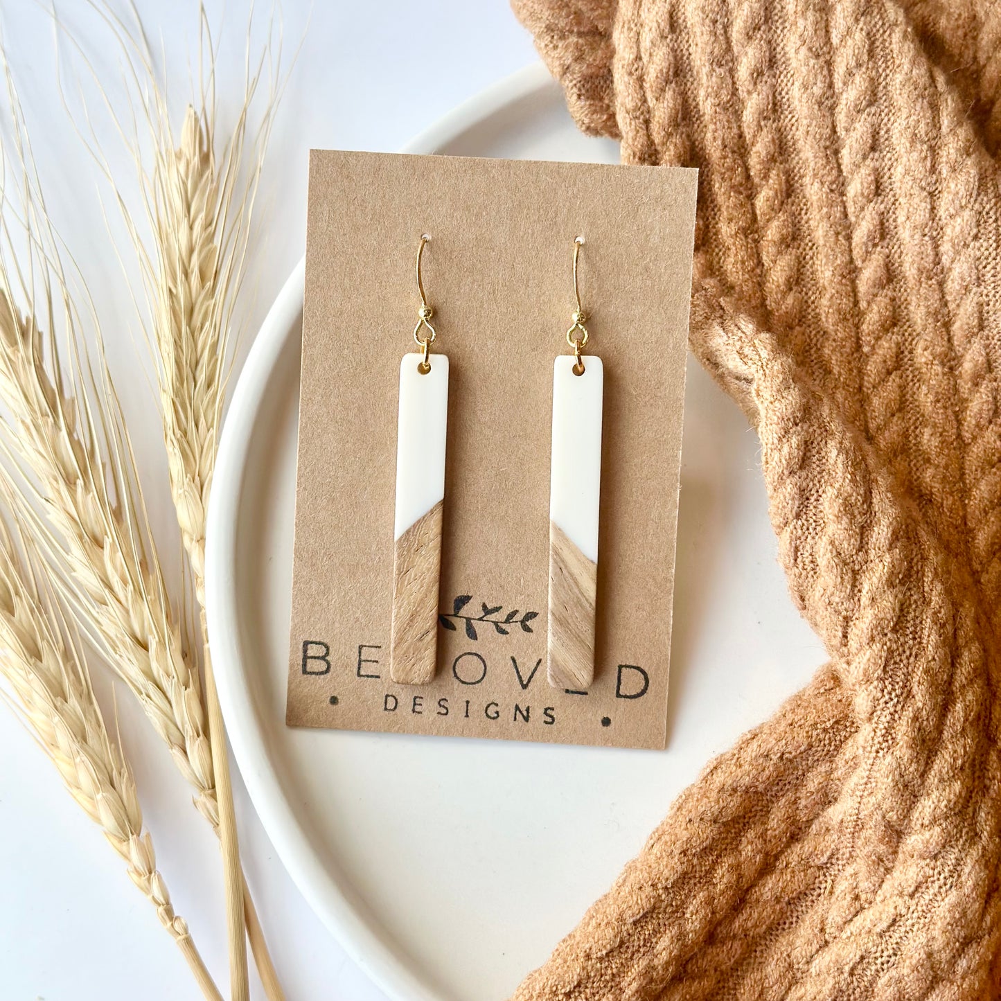 White Resin + Wood Bar Earrings