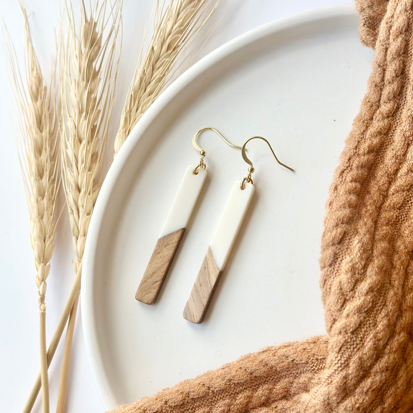 White Resin + Wood Bar Earrings