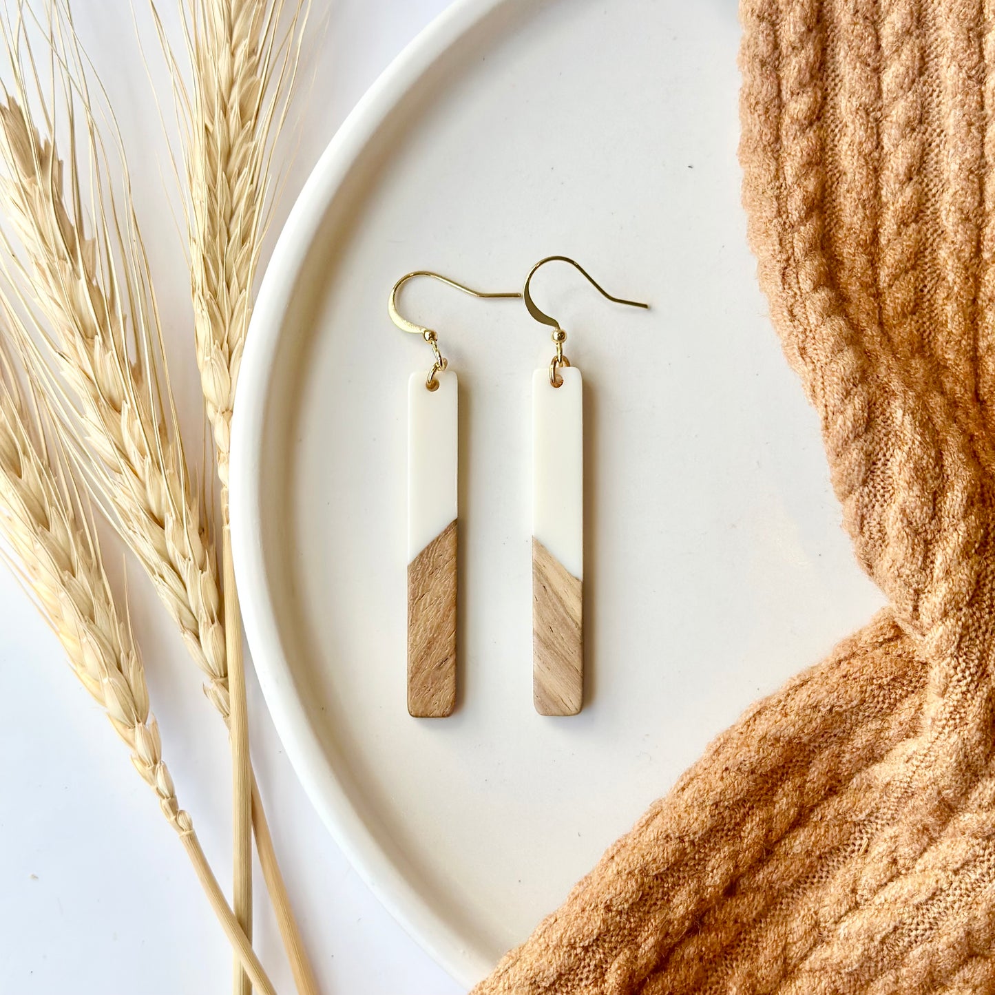 White Resin + Wood Bar Earrings