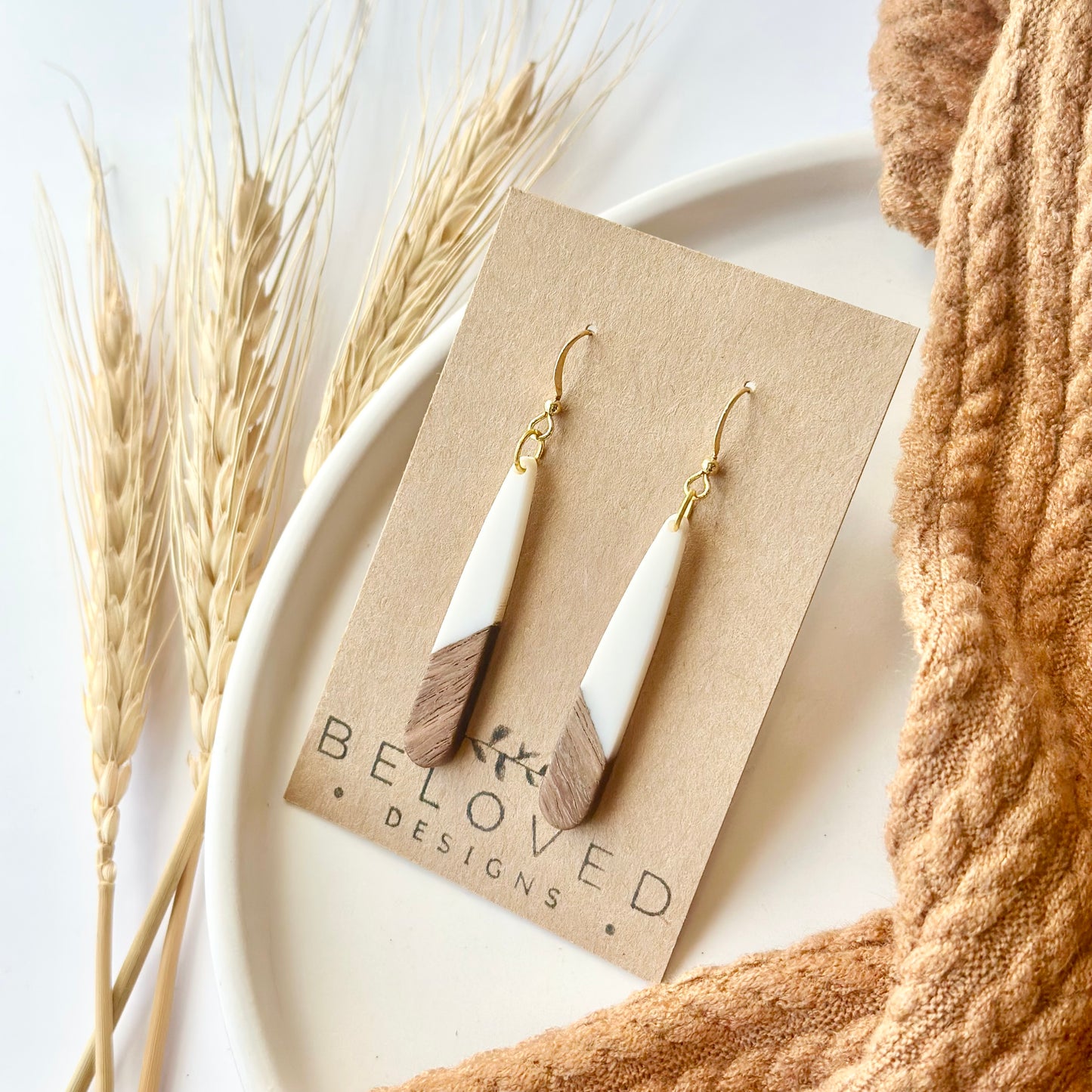 White Resin + Wood Drop Earrings