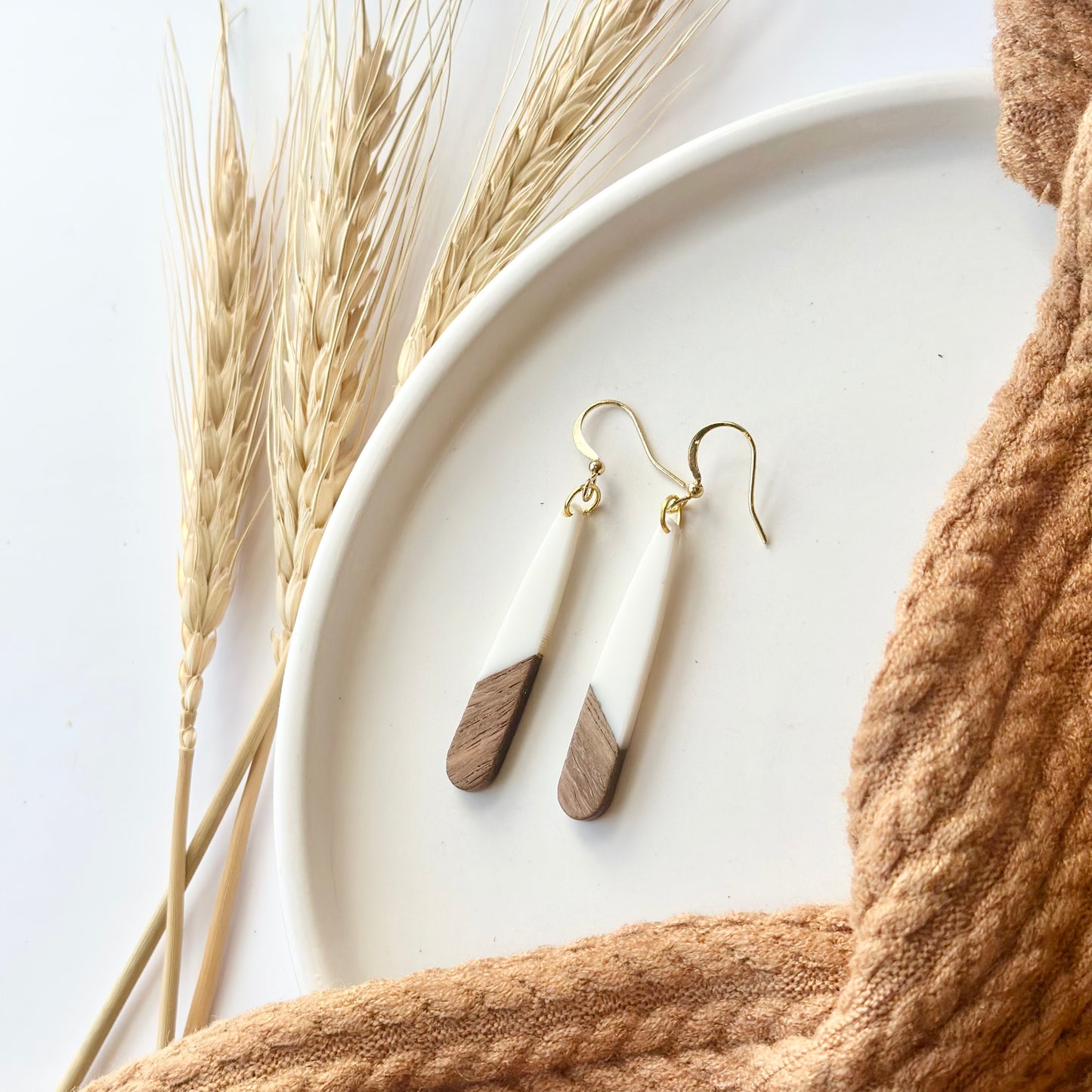 White Resin + Wood Drop Earrings