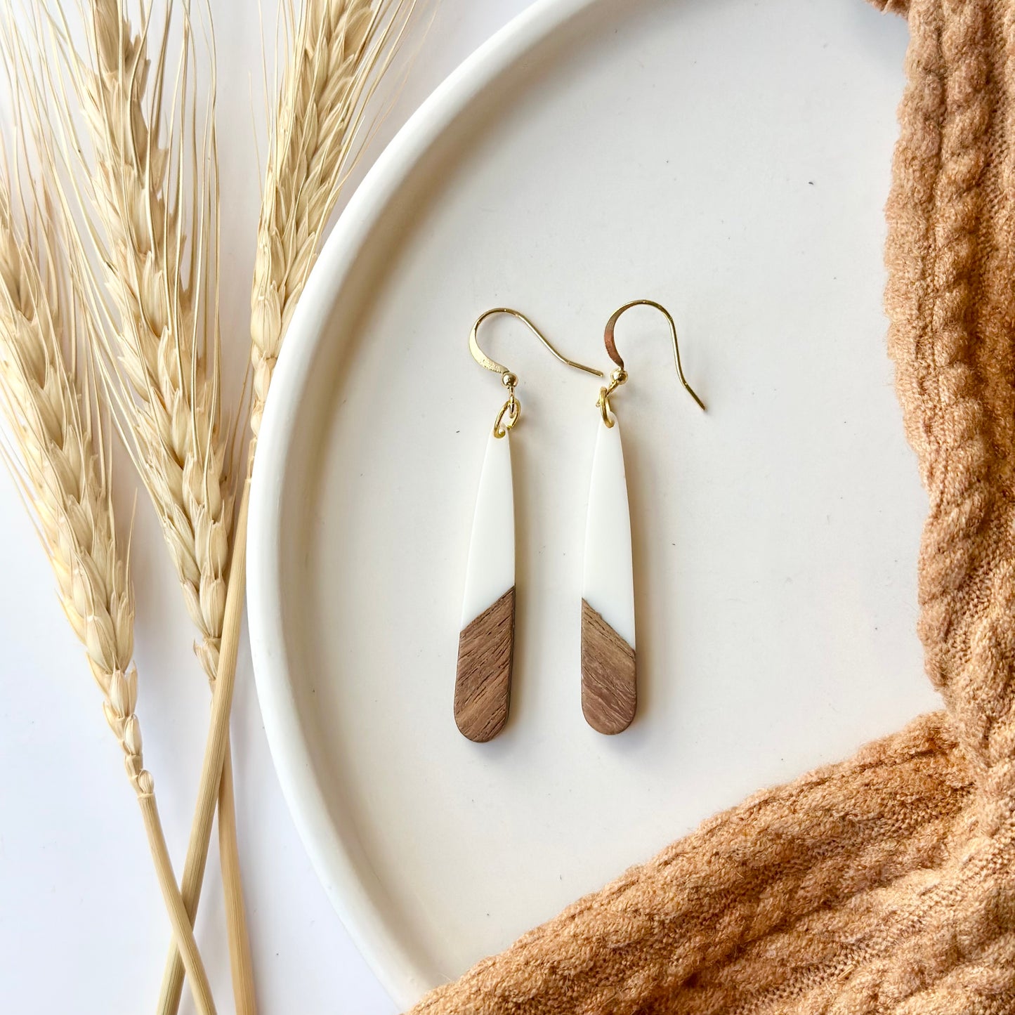 White Resin + Wood Drop Earrings