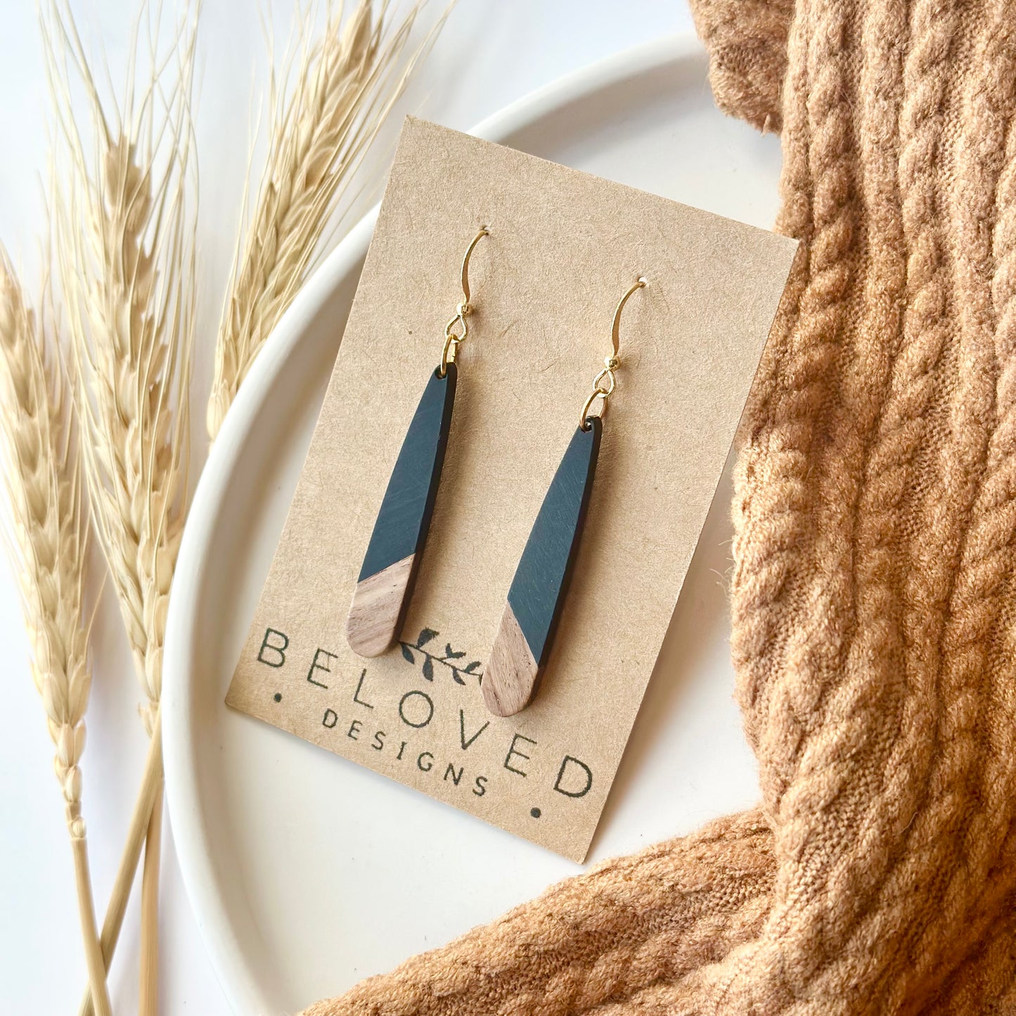 Black Resin + Wood Drop Earrings