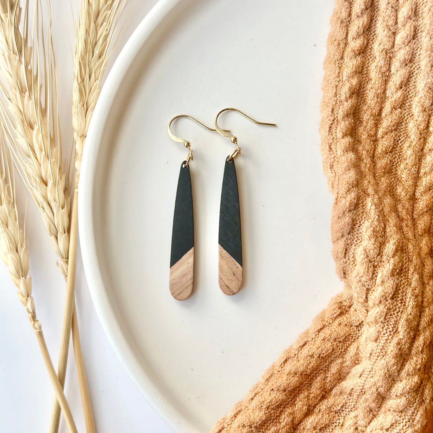 Black Resin + Wood Drop Earrings