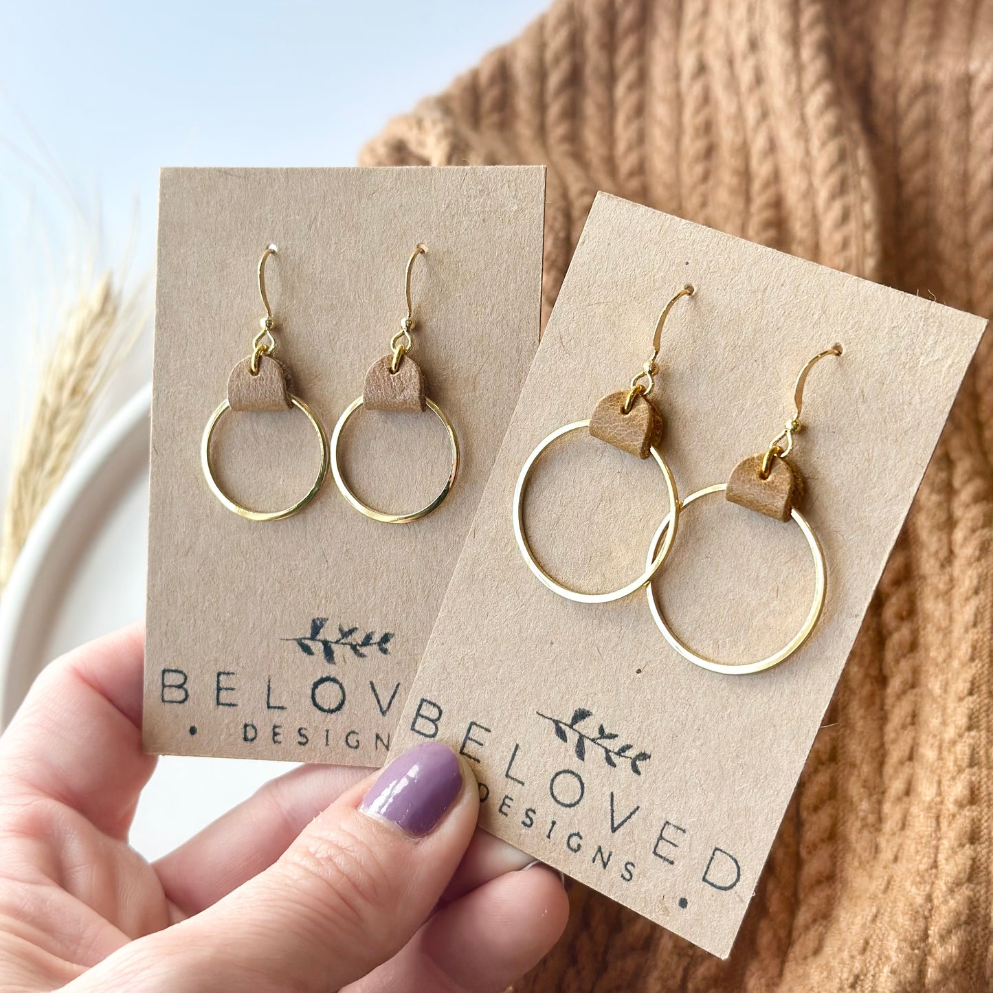 Camel Leather + Gold Hoop Earrings - Small