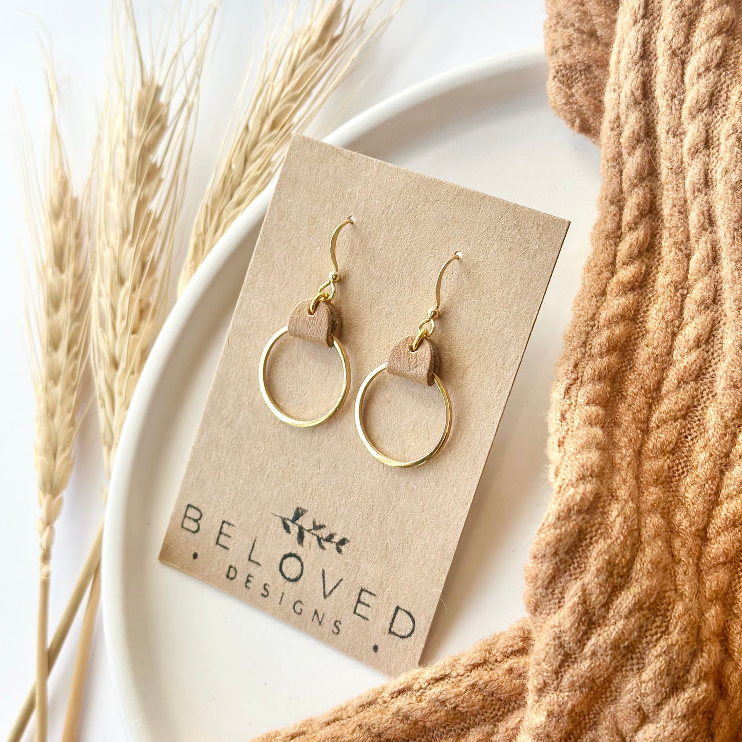 Camel Leather + Gold Hoop Earrings - Small