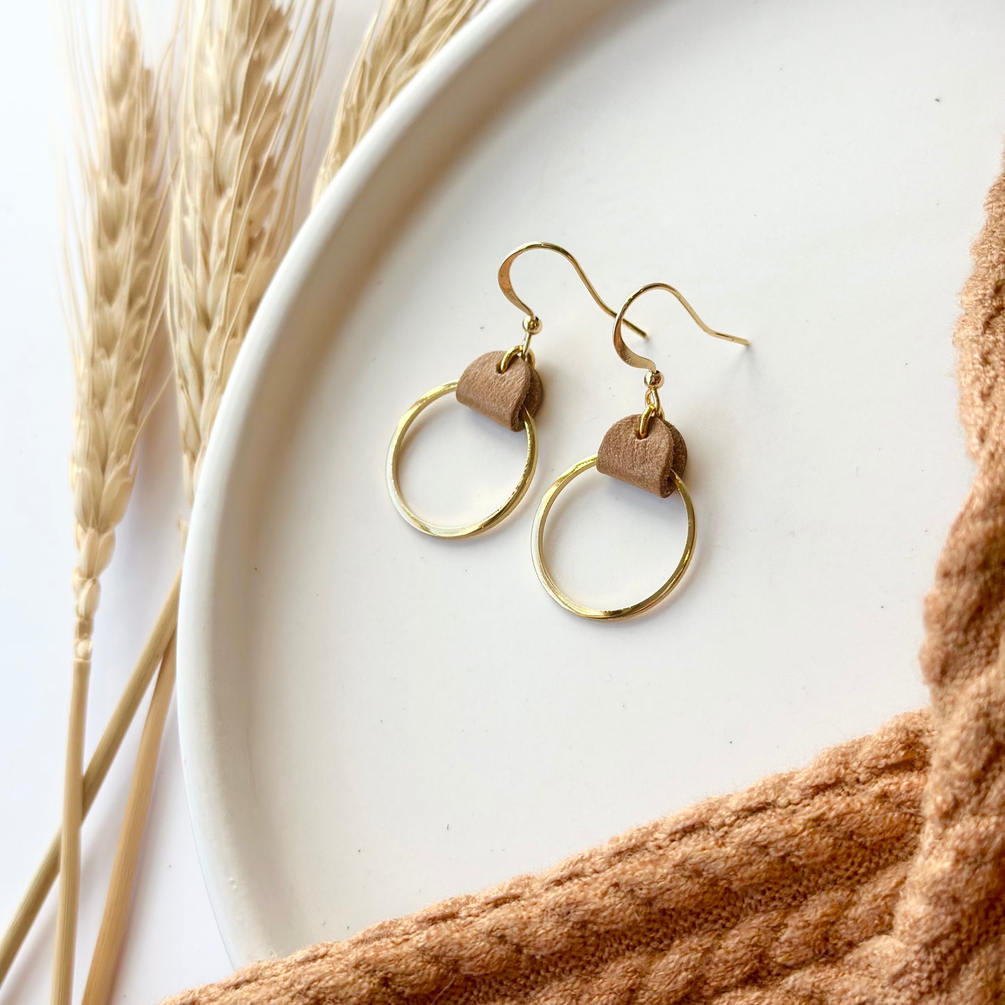 Camel Leather + Gold Hoop Earrings - Small