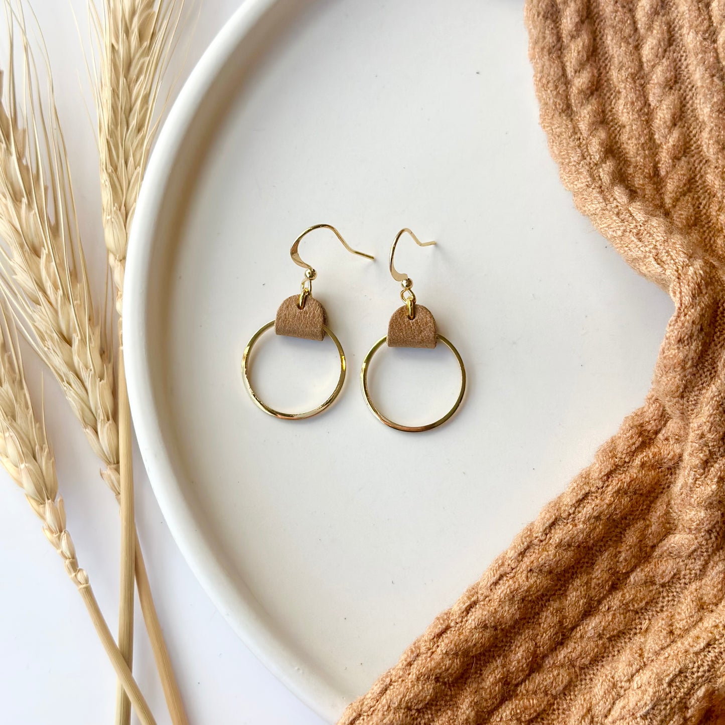 Camel Leather + Gold Hoop Earrings - Small