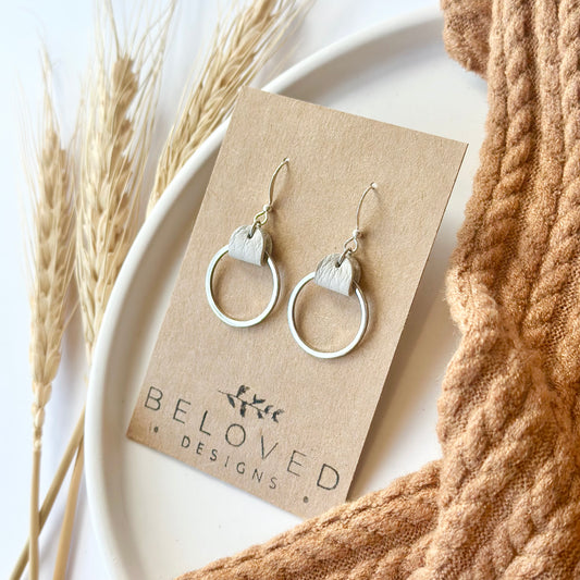 Cream Leather + Rhodium Hoop Earrings - Small