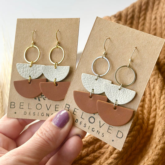 Leather Half Circle + Hoop Earrings | Cognac + Cream