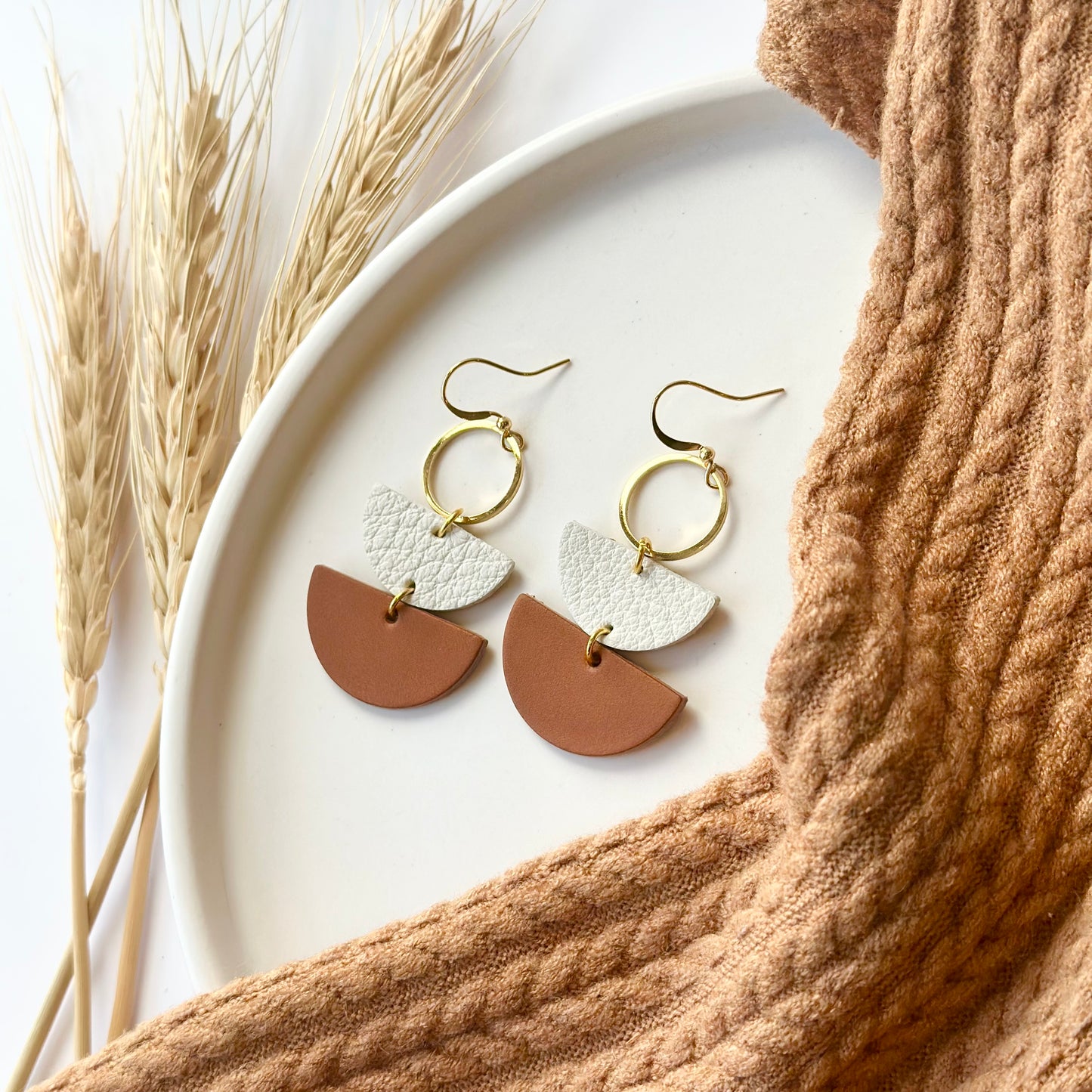 Cognac + Cream Leather Half Circle + Gold Hoop Earrings