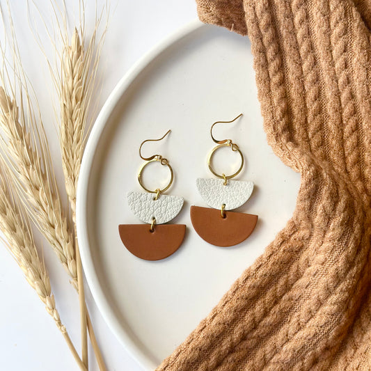 Cognac + Cream Leather Half Circle + Gold Hoop Earrings