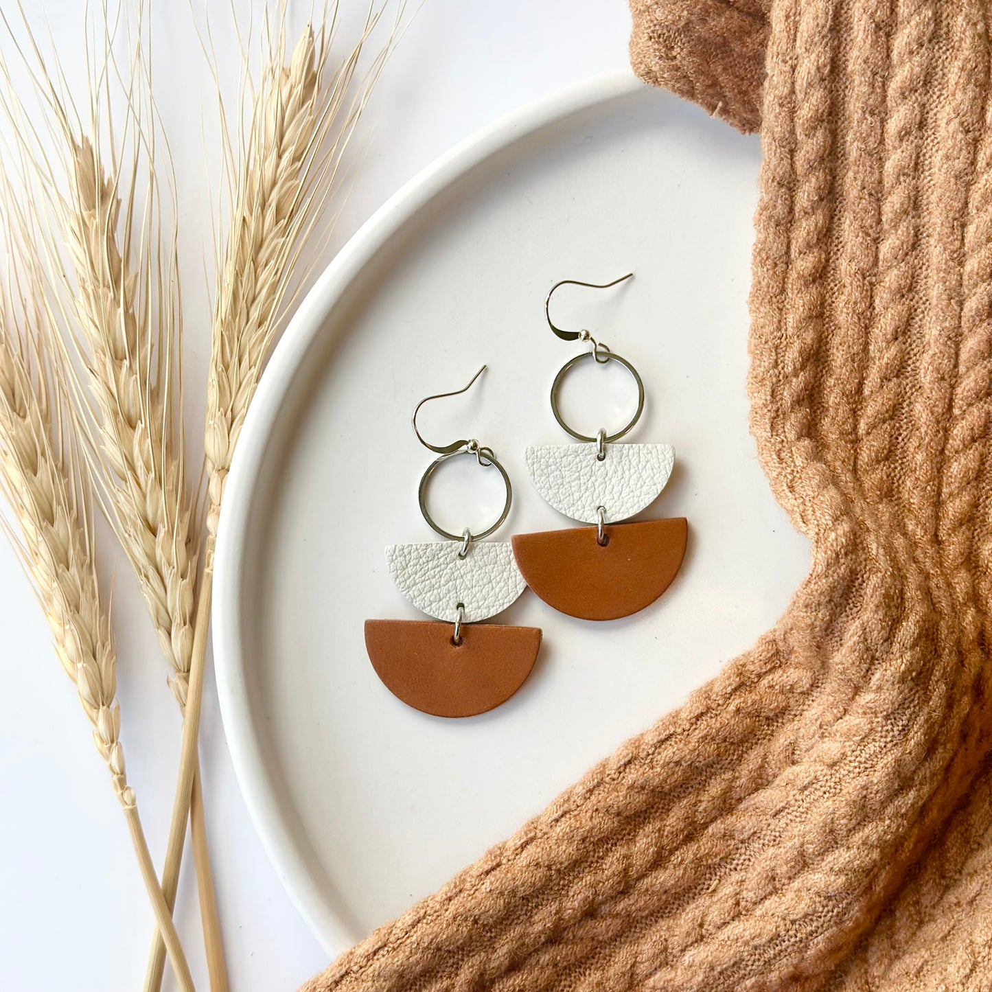 Cognac + Cream Leather Half Circle + Rhodium Hoop Earrings