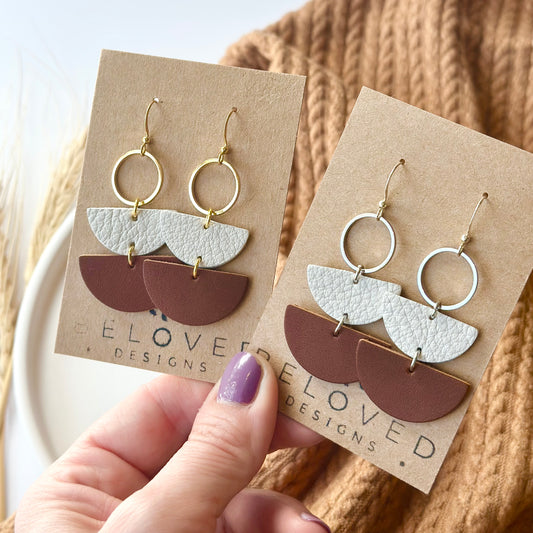 Leather Half Circle + Hoop Earrings | Nutmeg + Cream
