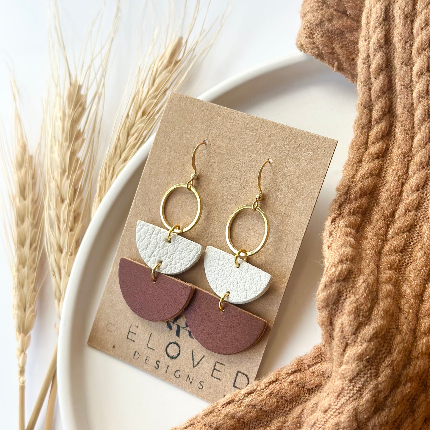 Nutmeg + Cream Leather Half Circle + Gold Hoop Earrings