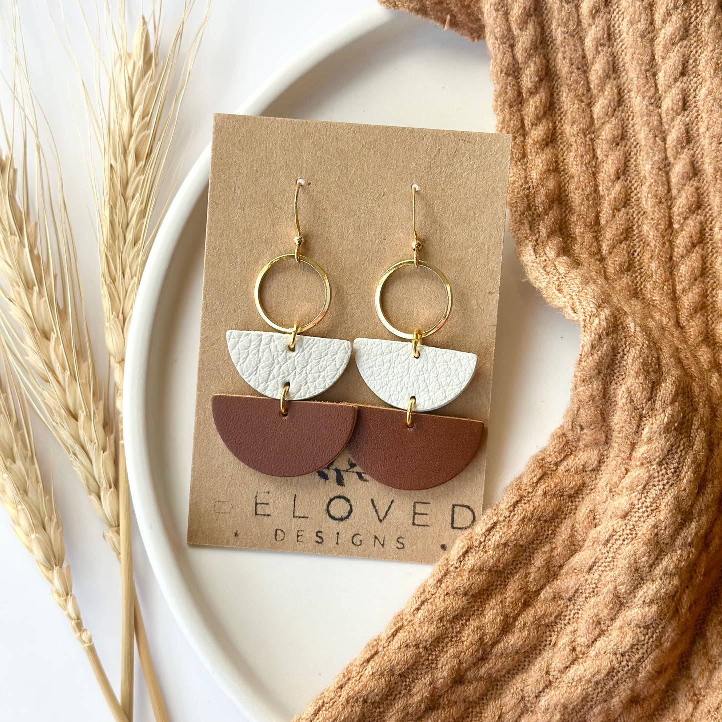 Nutmeg + Cream Leather Half Circle + Gold Hoop Earrings