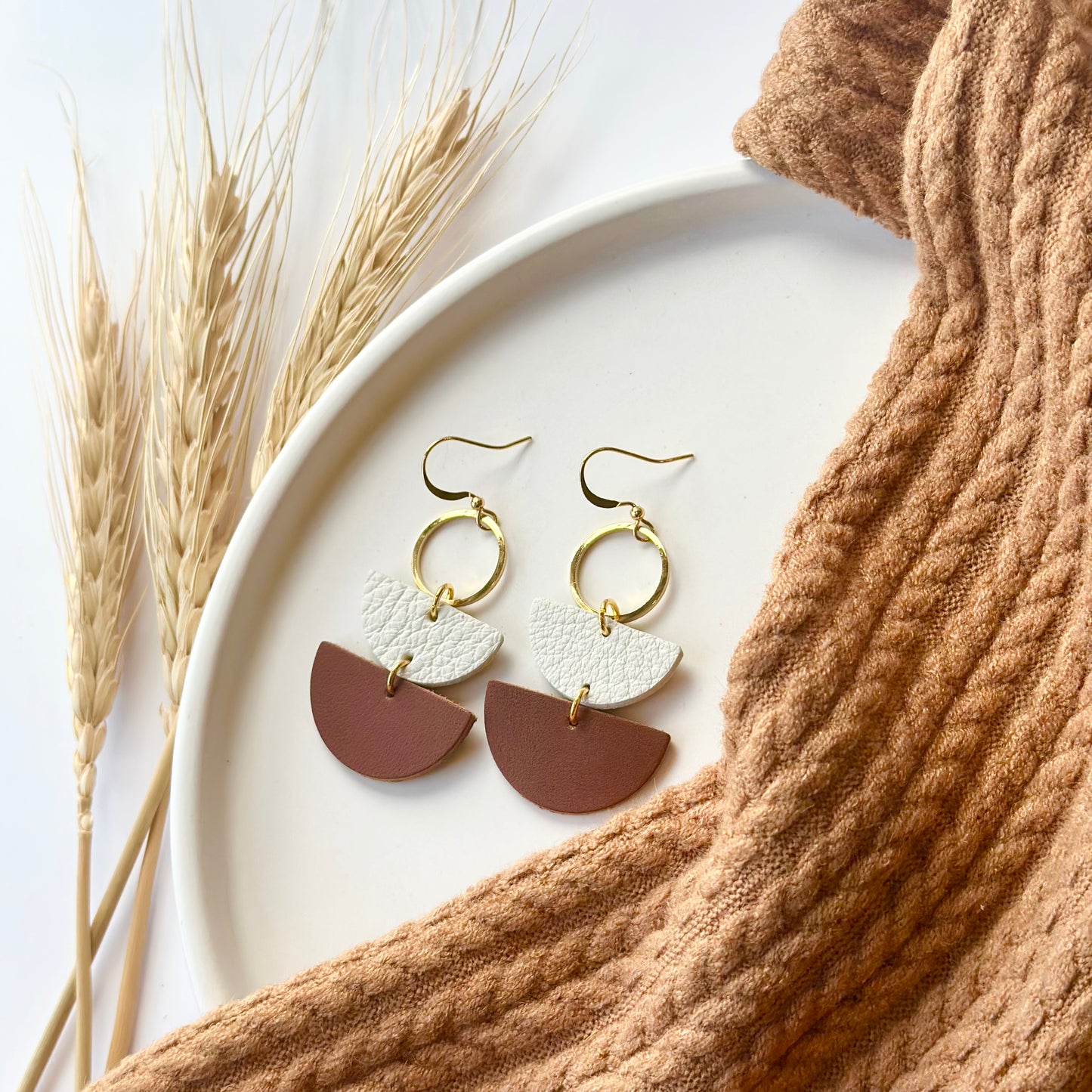 Nutmeg + Cream Leather Half Circle + Gold Hoop Earrings