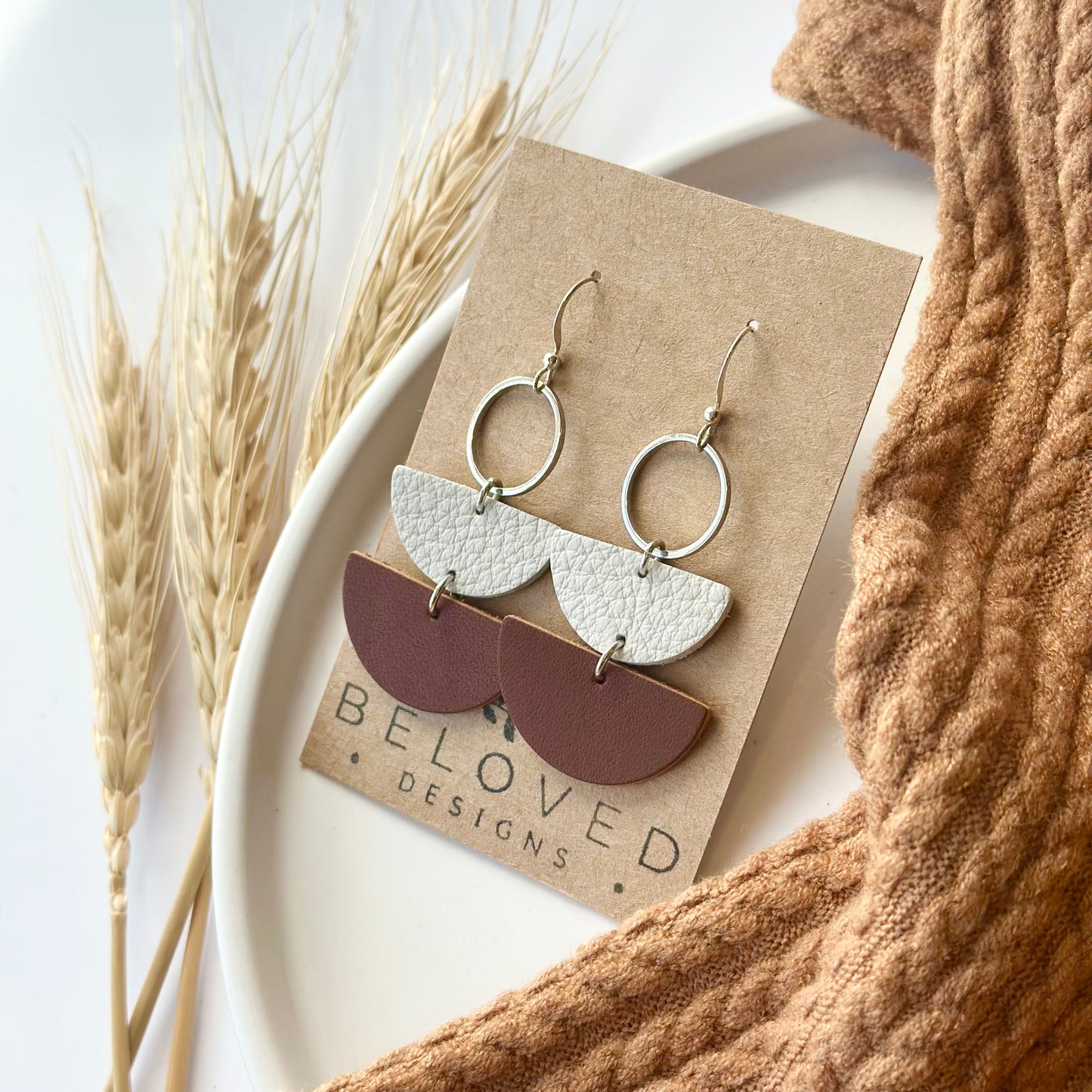 Nutmeg + Cream Leather Half Circle + Rhodium Hoop Earrings