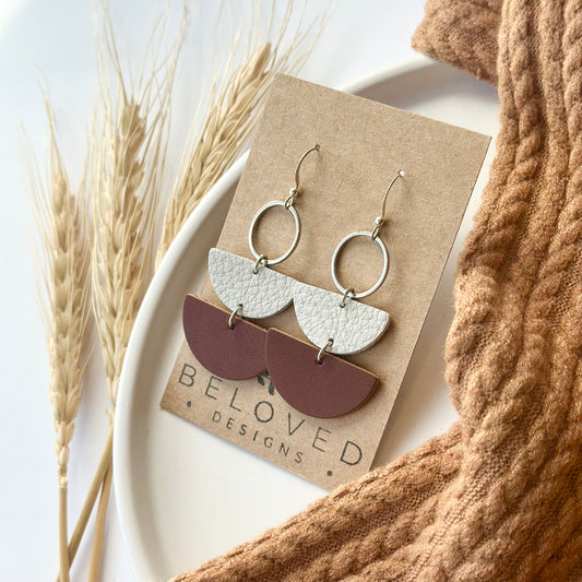 Nutmeg + Cream Leather Half Circle + Rhodium Hoop Earrings