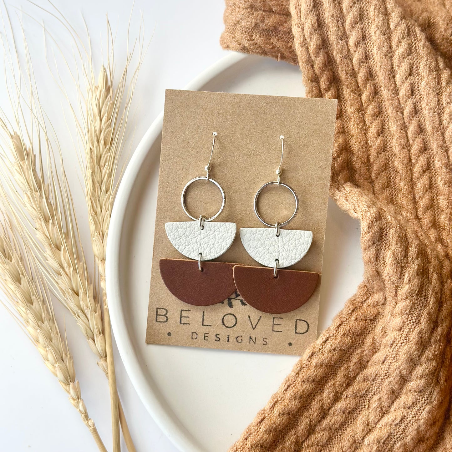 Nutmeg + Cream Leather Half Circle + Rhodium Hoop Earrings