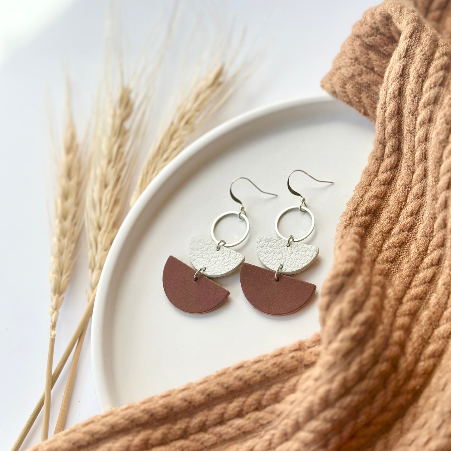 Nutmeg + Cream Leather Half Circle + Rhodium Hoop Earrings