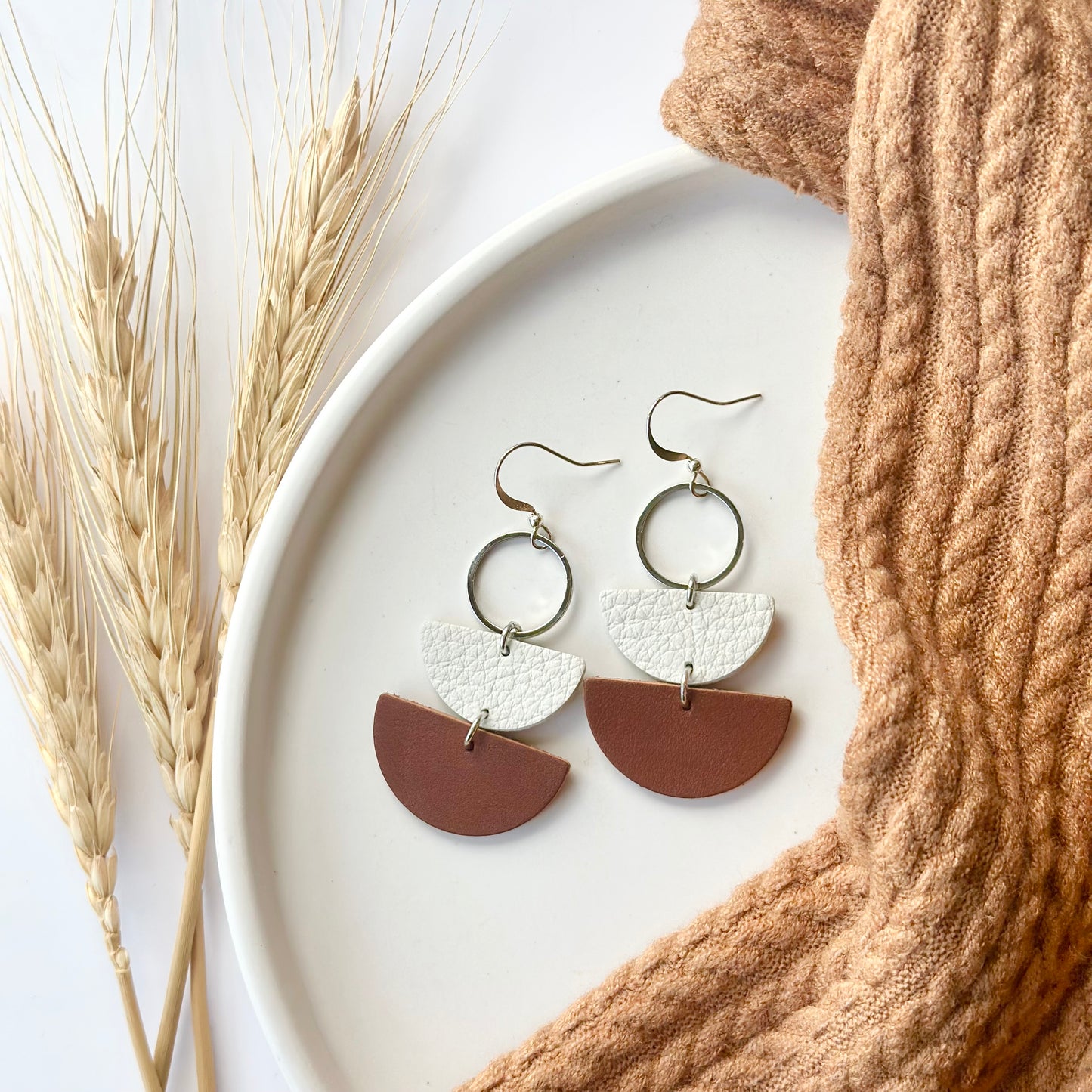 Nutmeg + Cream Leather Half Circle + Rhodium Hoop Earrings