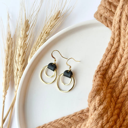 Black Leather + Double Gold Hoop Earrings - Small