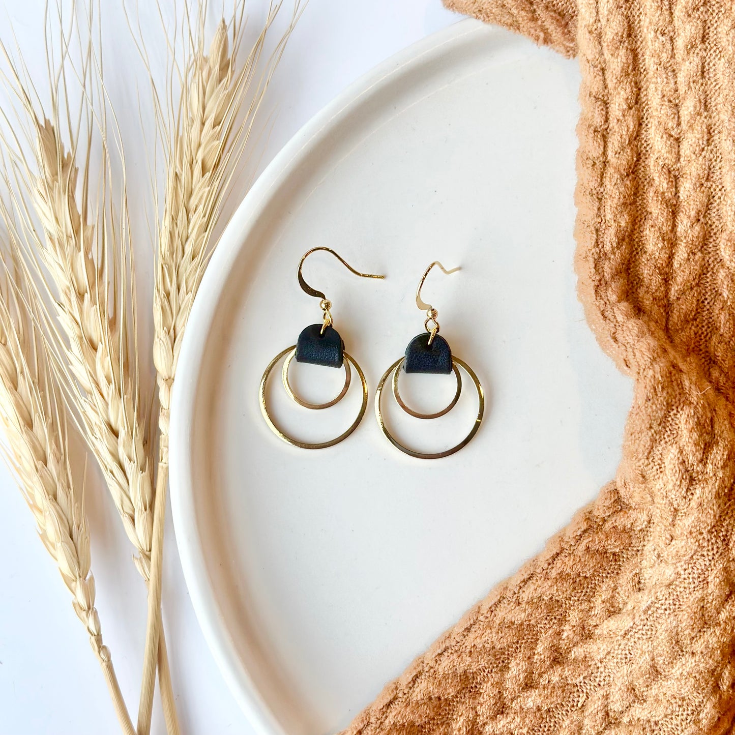 Black Leather + Double Gold Hoop Earrings - Small