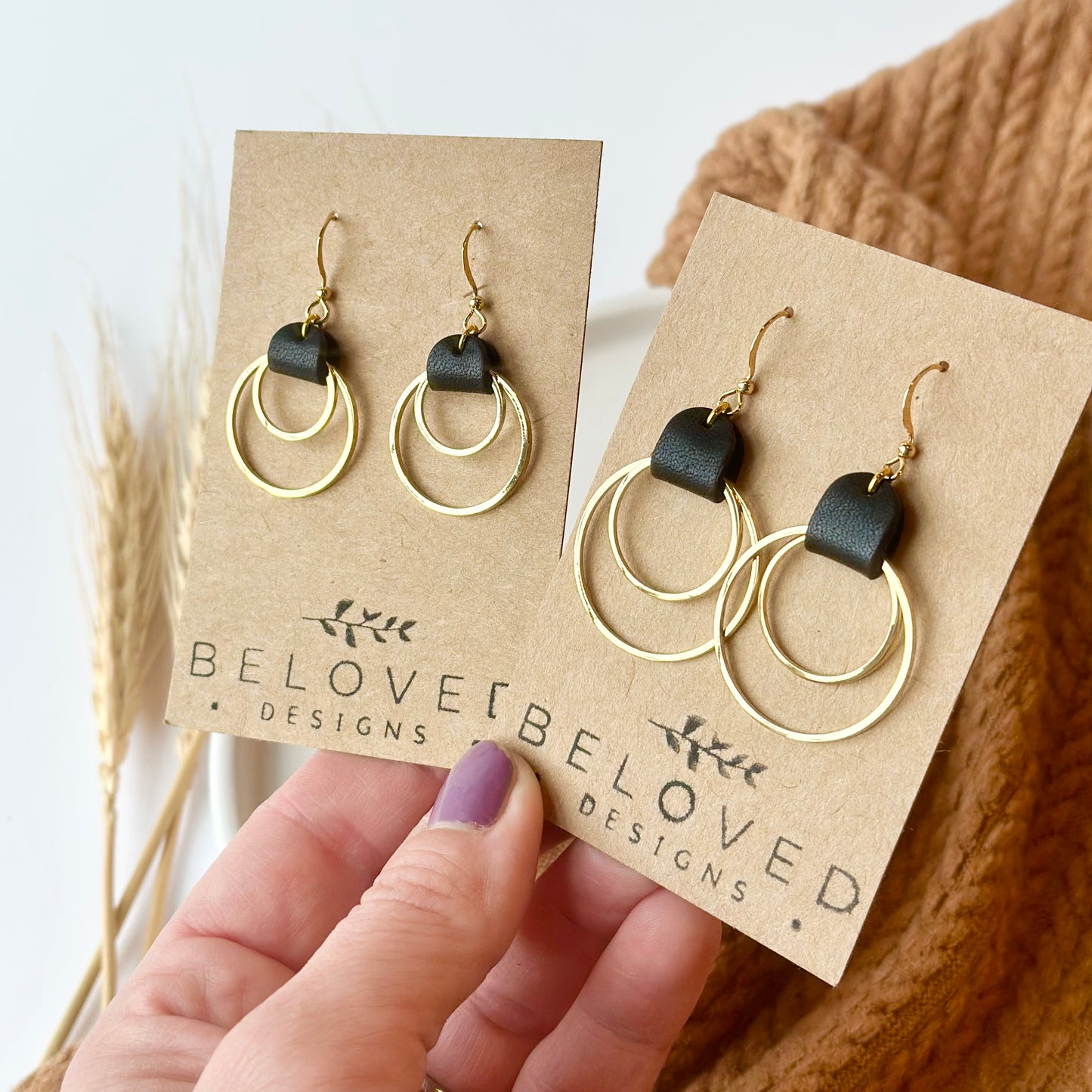 Black Leather + Double Gold Hoop Earrings - Small