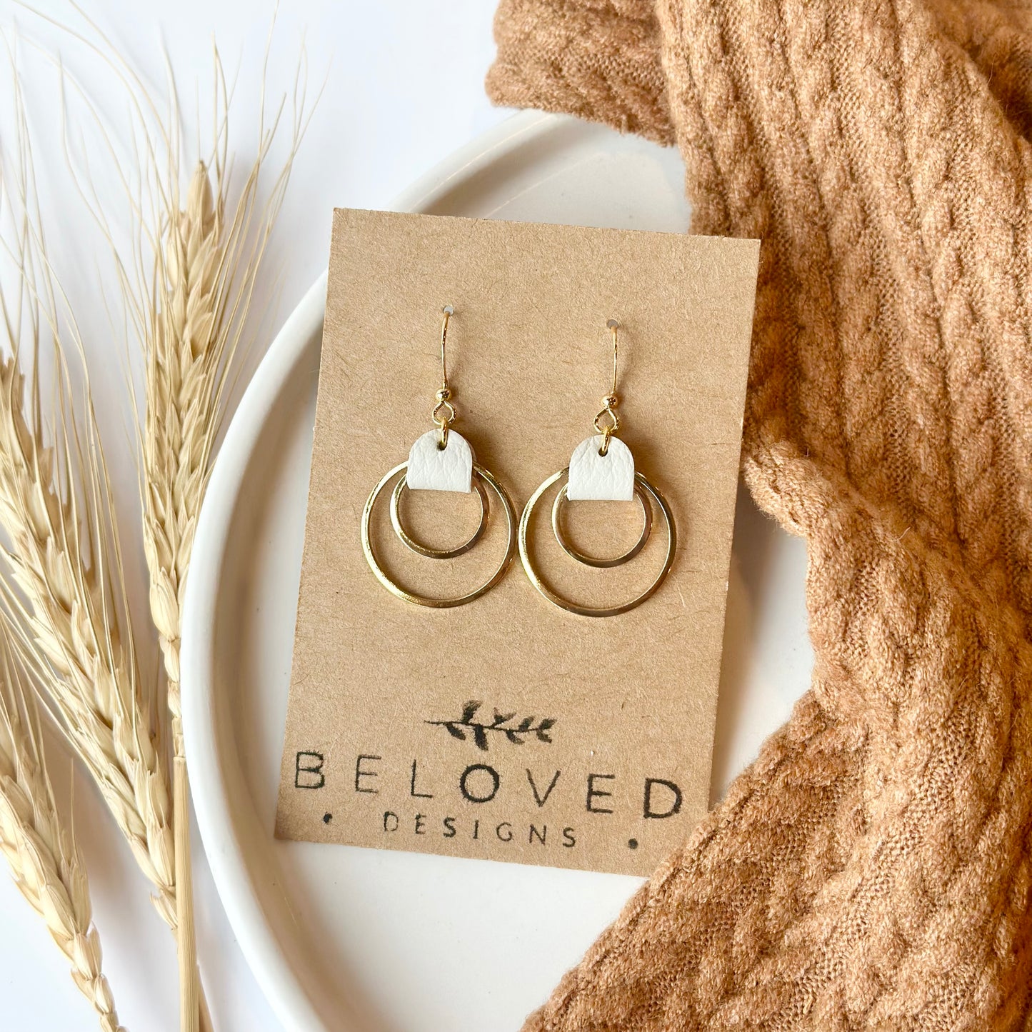 Cream Leather + Double Gold Hoop Earrings - Small