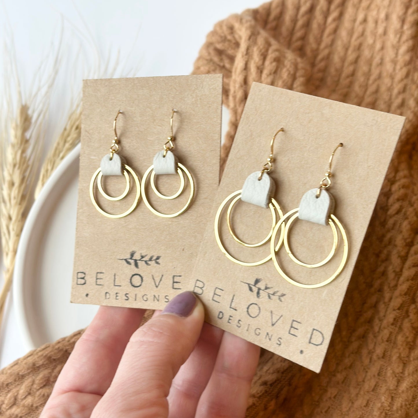 Cream Leather + Double Gold Hoop Earrings - Small