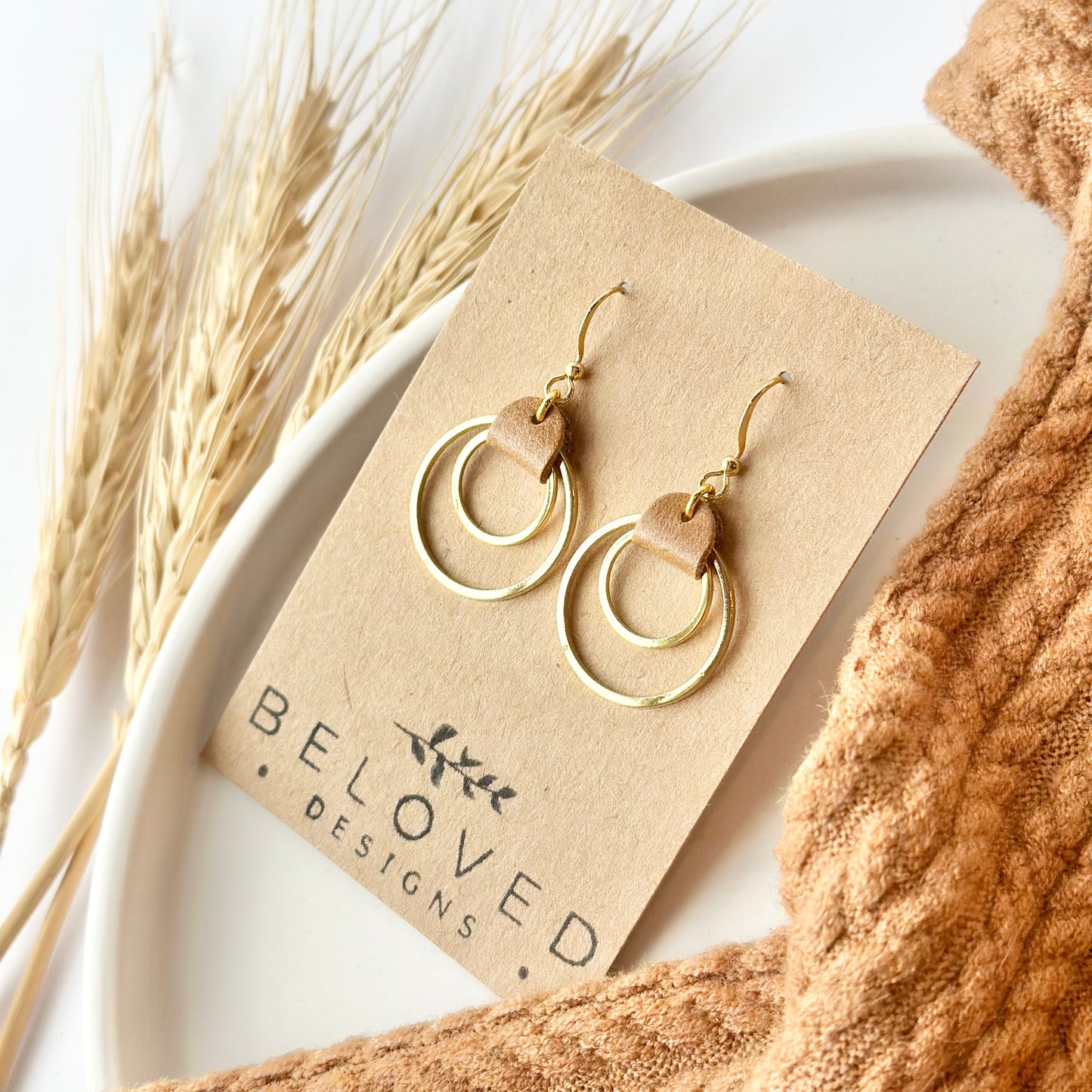 Camel Leather + Double Gold Hoop Earrings - Small