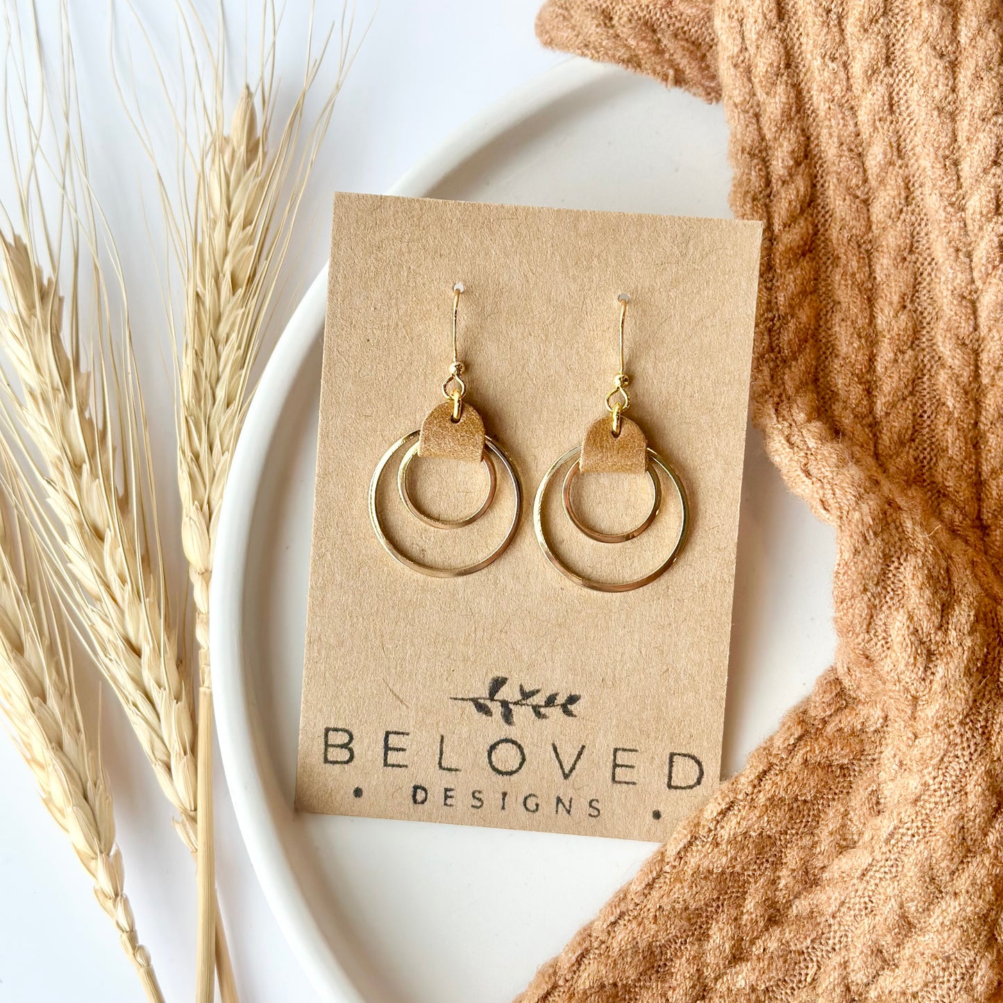 Camel Leather + Double Gold Hoop Earrings - Small