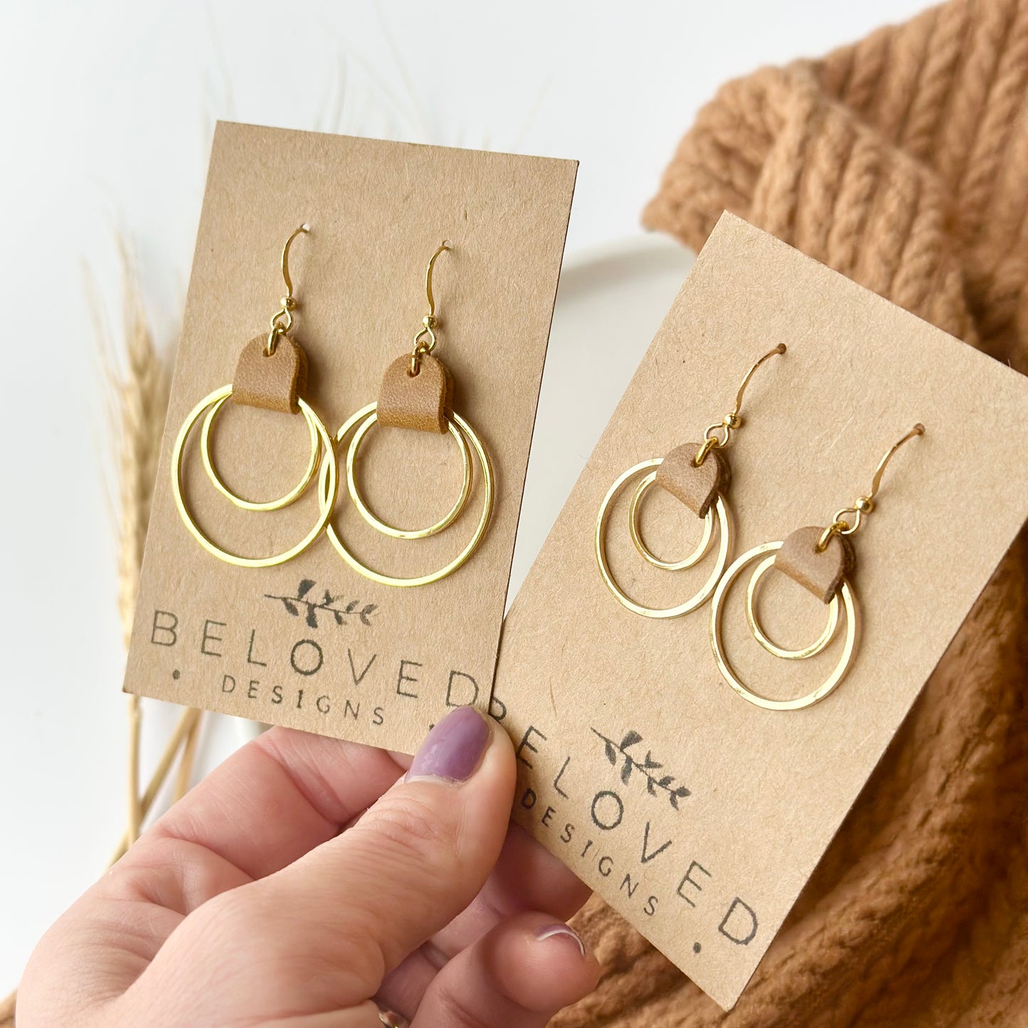 Camel Leather + Double Gold Hoop Earrings - Small