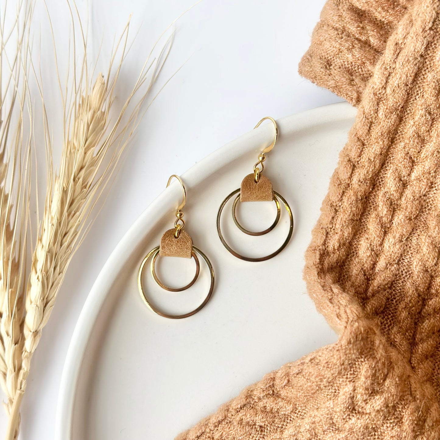 Camel Leather + Double Gold Hoop Earrings - Small