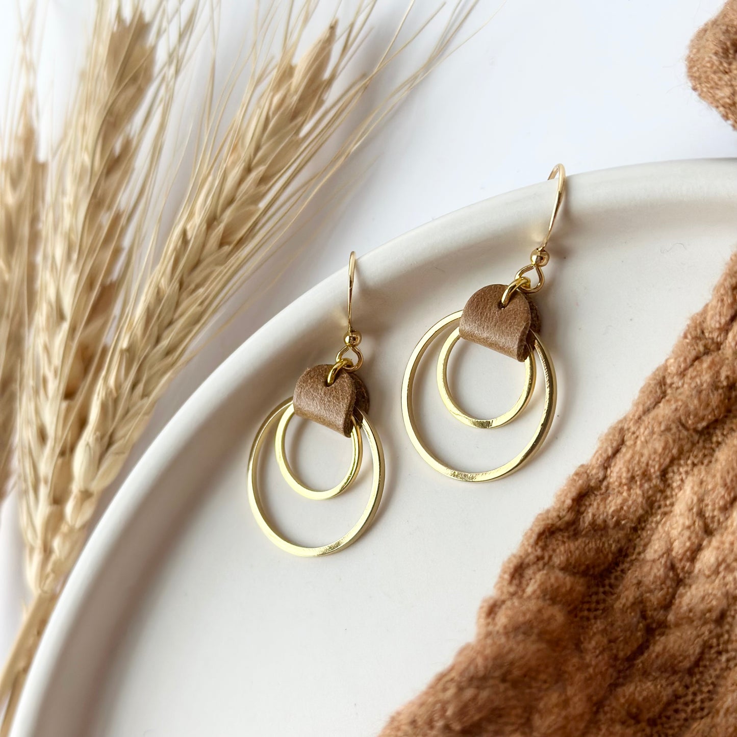 Camel Leather + Double Gold Hoop Earrings - Small