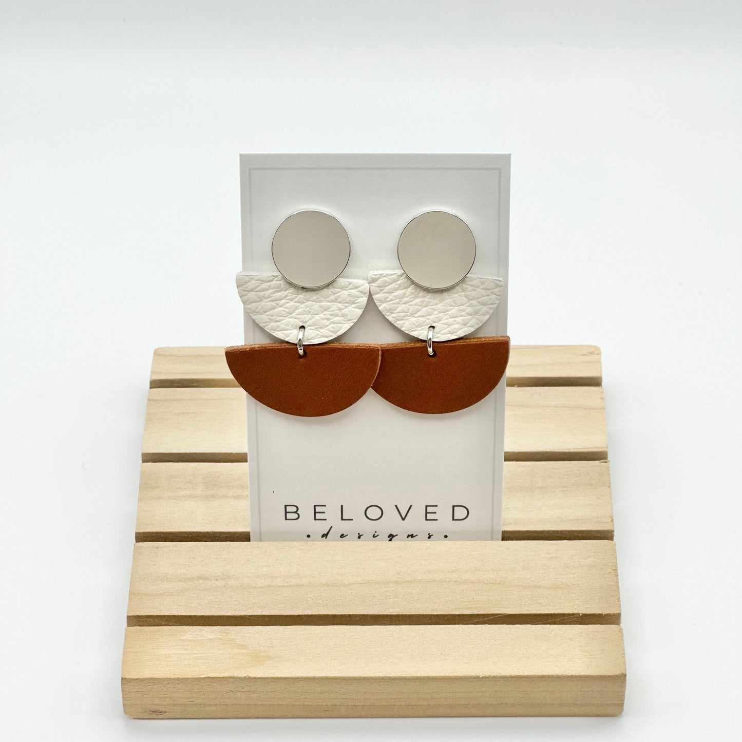 Leather Half Circle + Rhodium Stud Earrings | Cognac + Cream