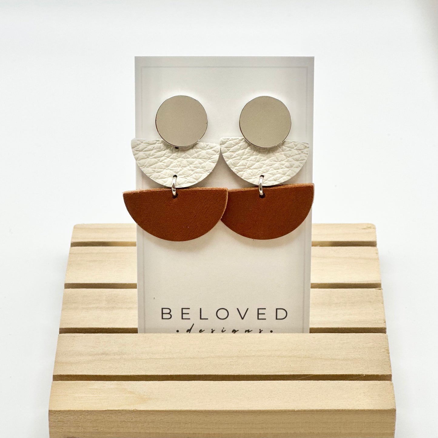 Leather Half Circle + Rhodium Stud Earrings | Cognac + Cream