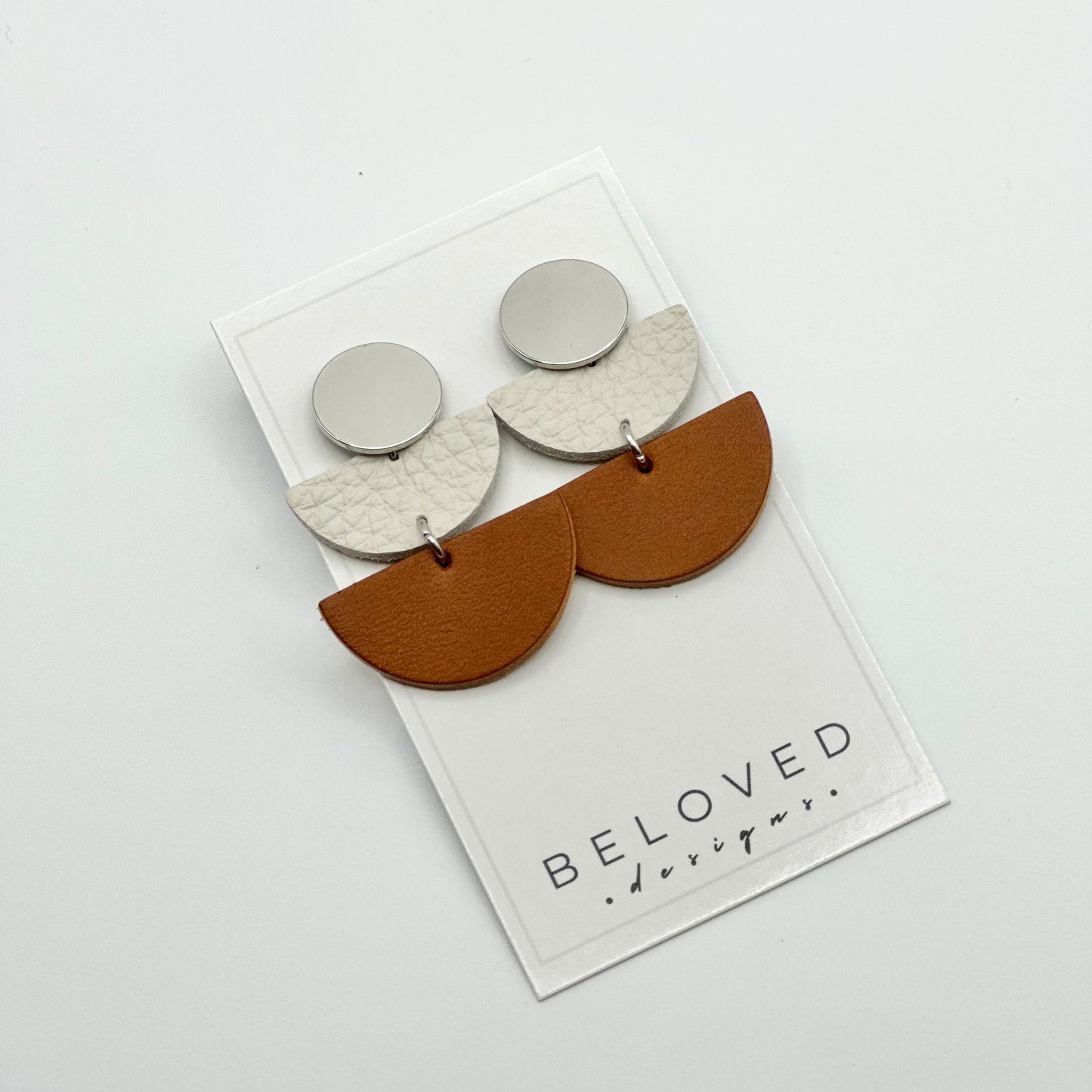 Leather Half Circle + Rhodium Stud Earrings | Cognac + Cream