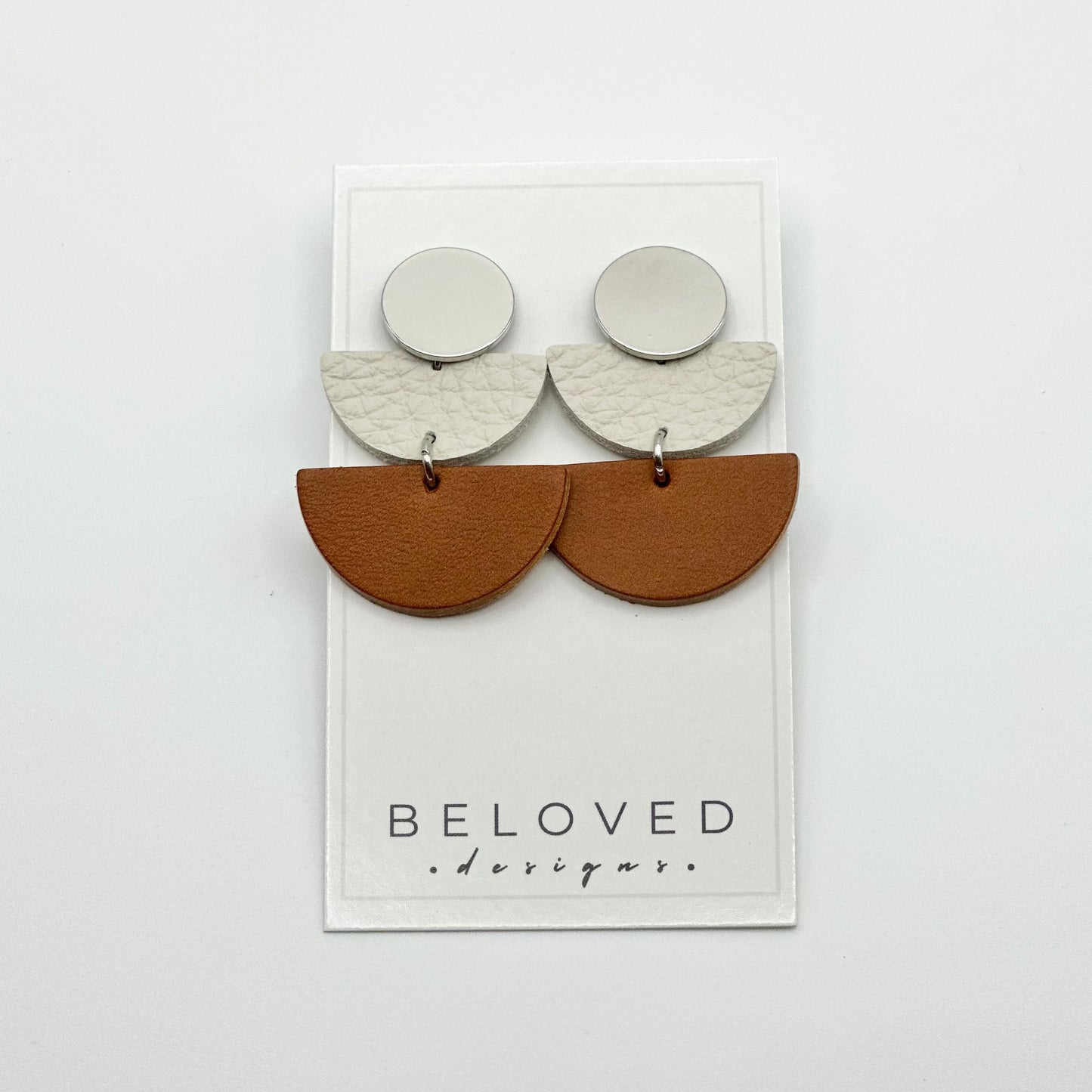 Leather Half Circle + Rhodium Stud Earrings | Cognac + Cream