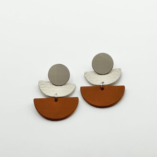 Leather Half Circle + Rhodium Stud Earrings | Cognac + Cream