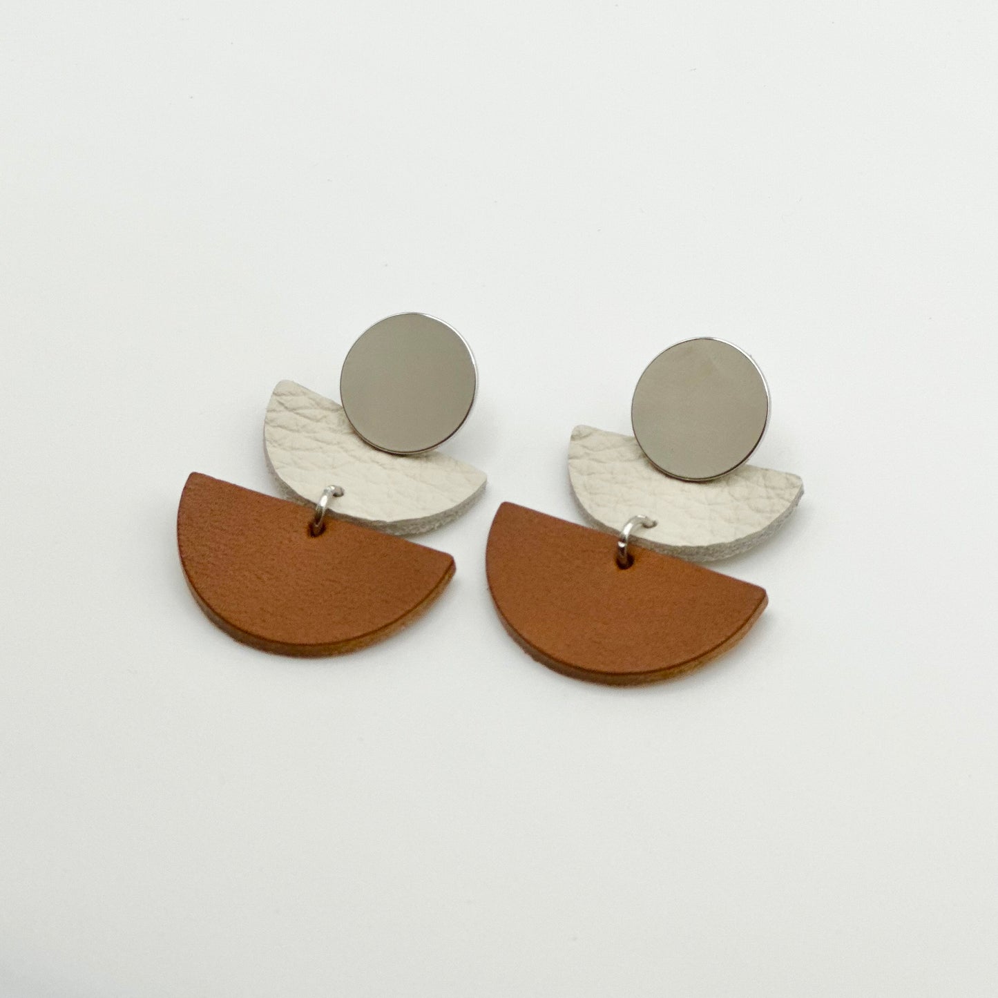 Leather Half Circle + Rhodium Stud Earrings | Cognac + Cream