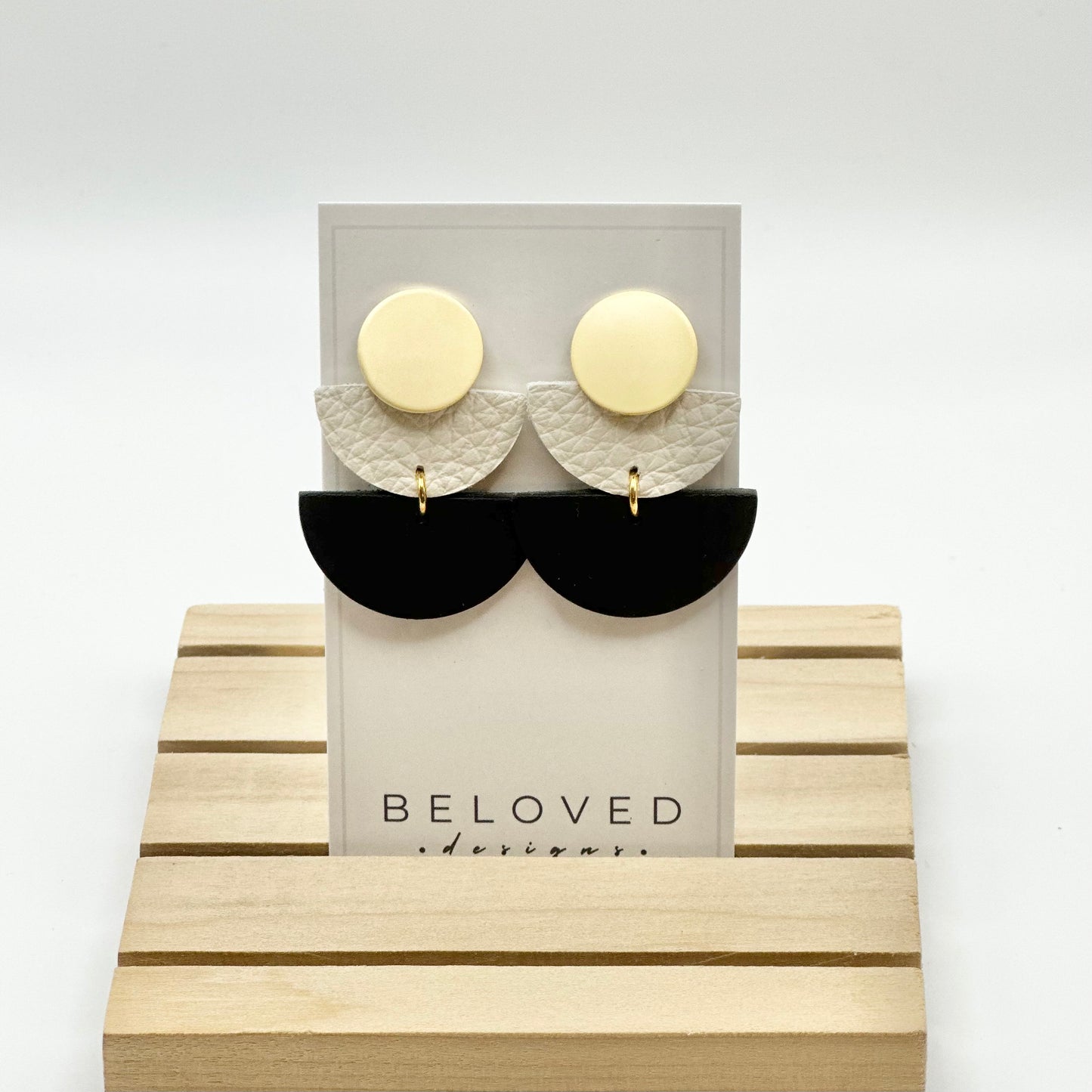 Leather Double Half Circle + Gold Stud | Black + Cream