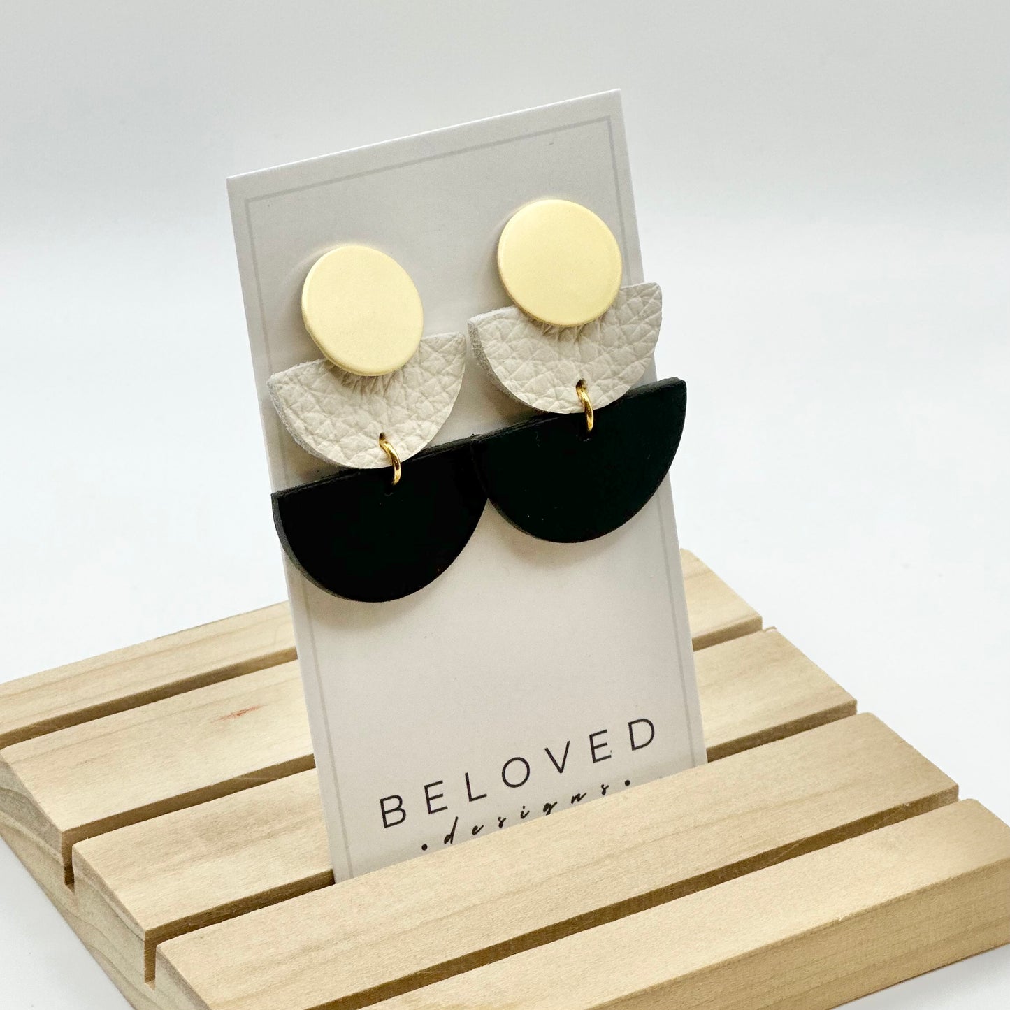 Leather Double Half Circle + Gold Stud | Black + Cream