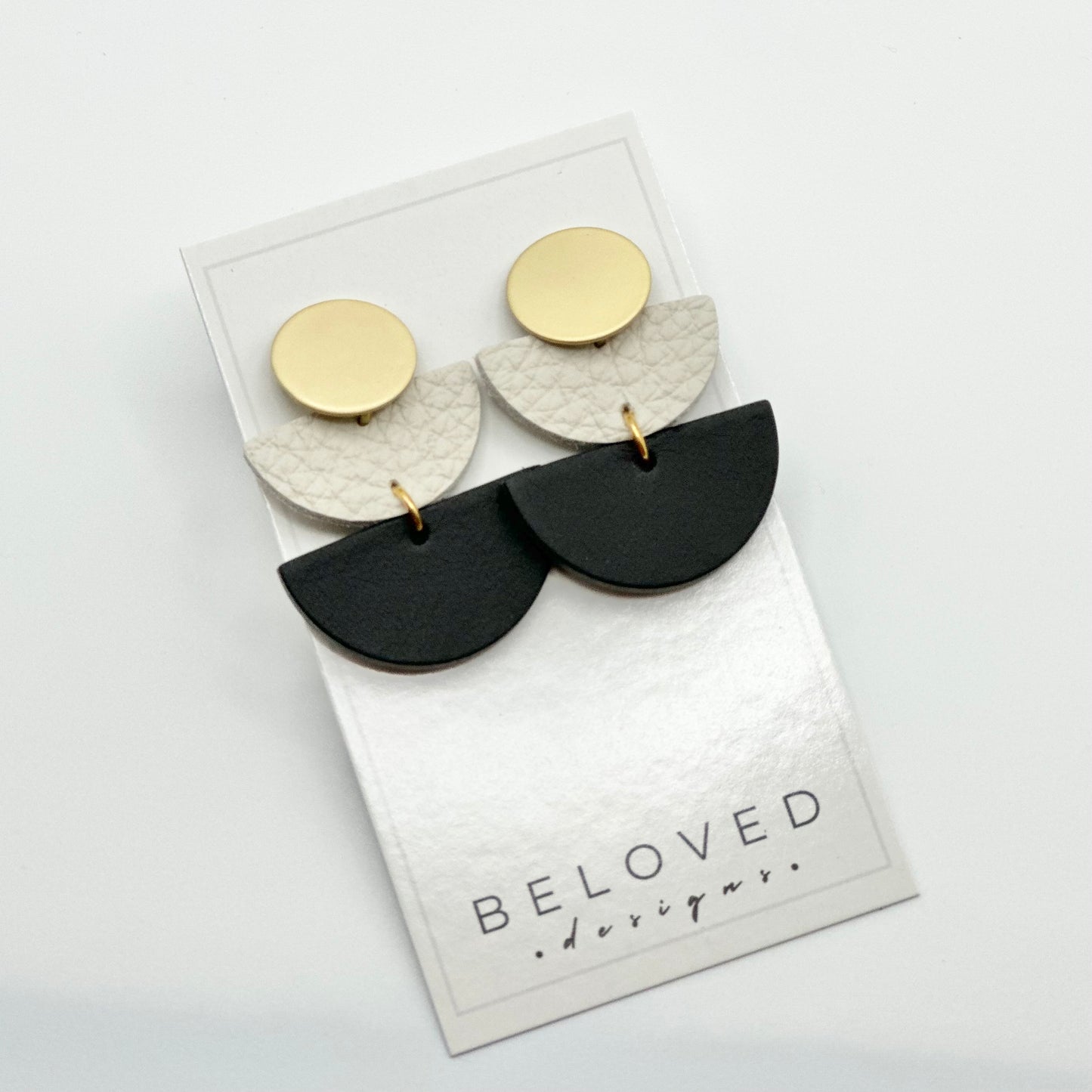 Leather Double Half Circle + Gold Stud | Black + Cream