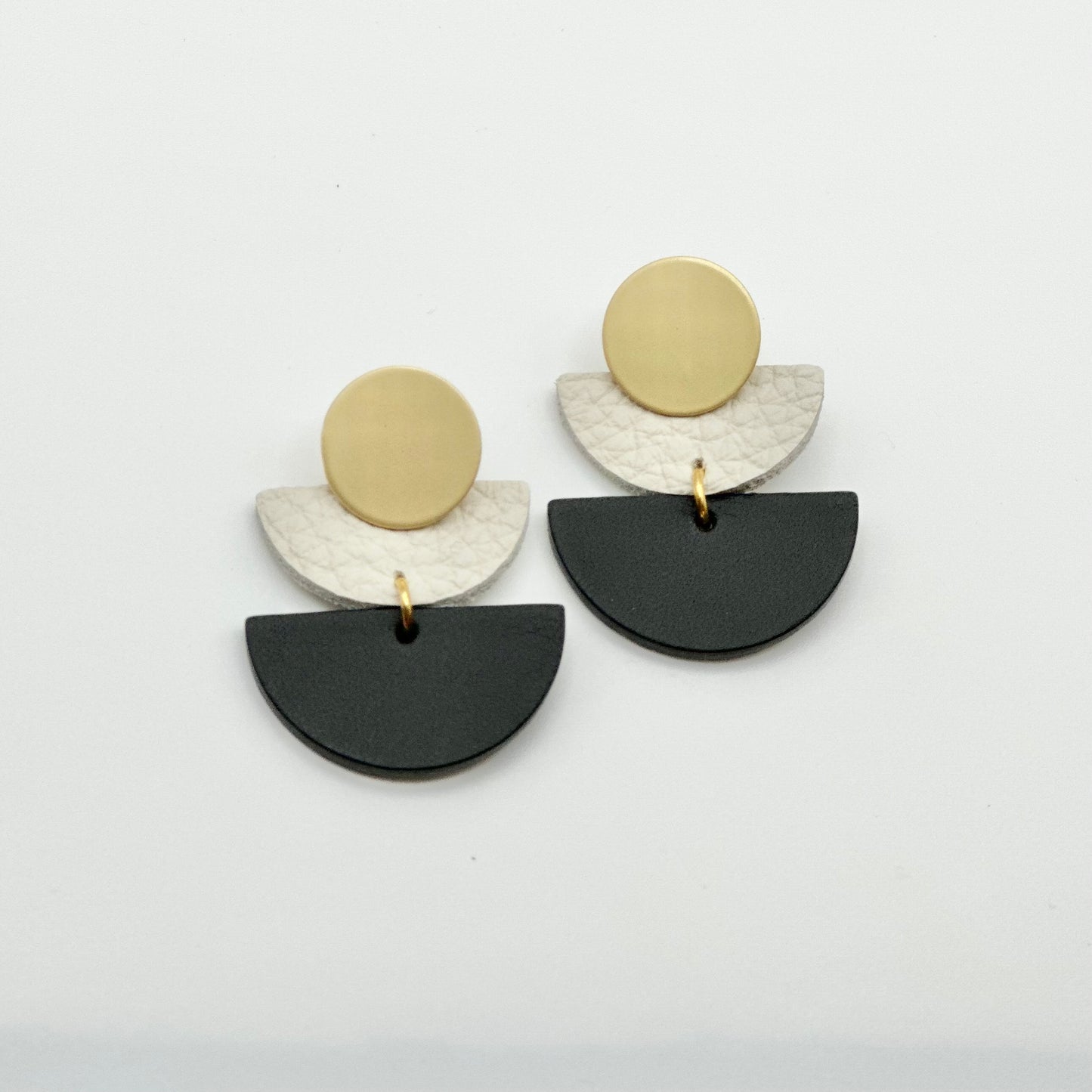 Leather Double Half Circle + Gold Stud | Black + Cream