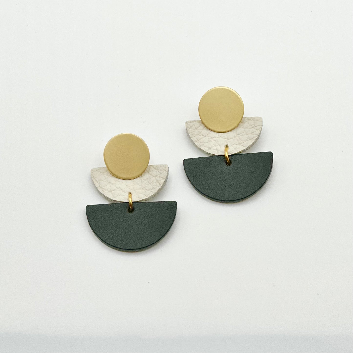 Leather Double Half Circle + Gold Stud | Black + Cream